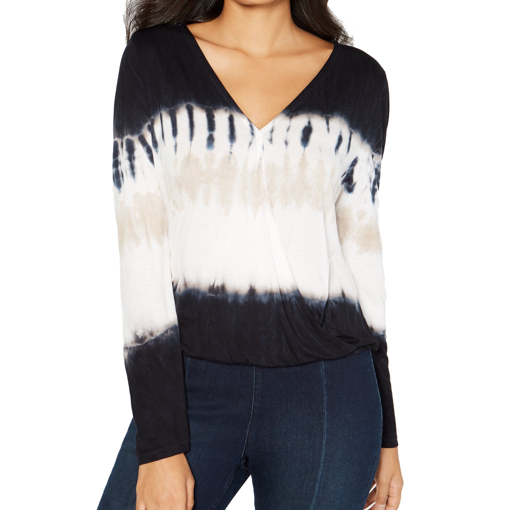 INC International Concepts Women Petite Tie Dye Surplice Top Deep Black