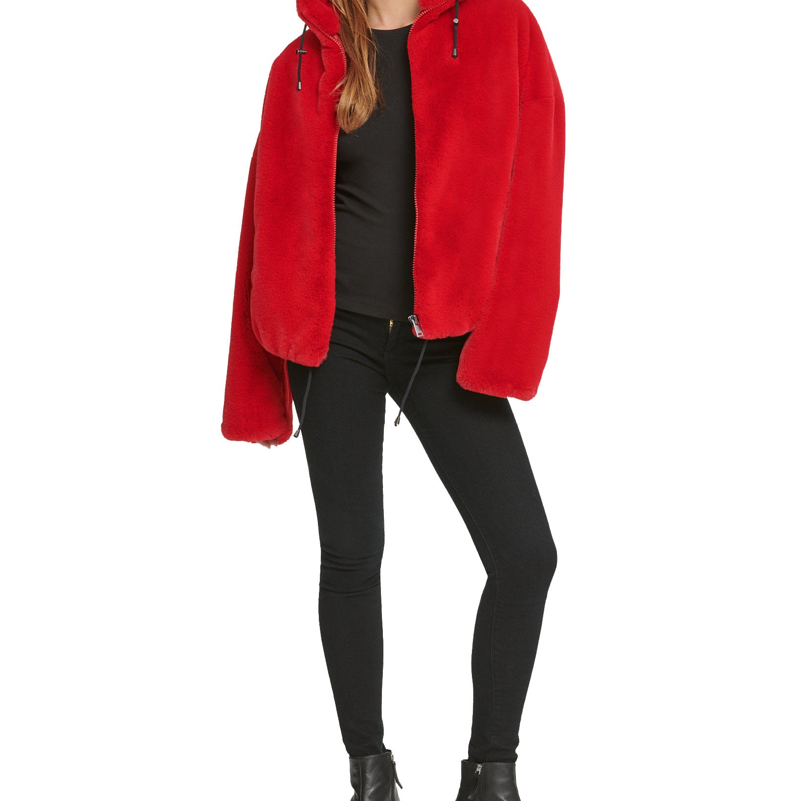 DKNY Women Hooded Faux Fur Jacket Fire Red