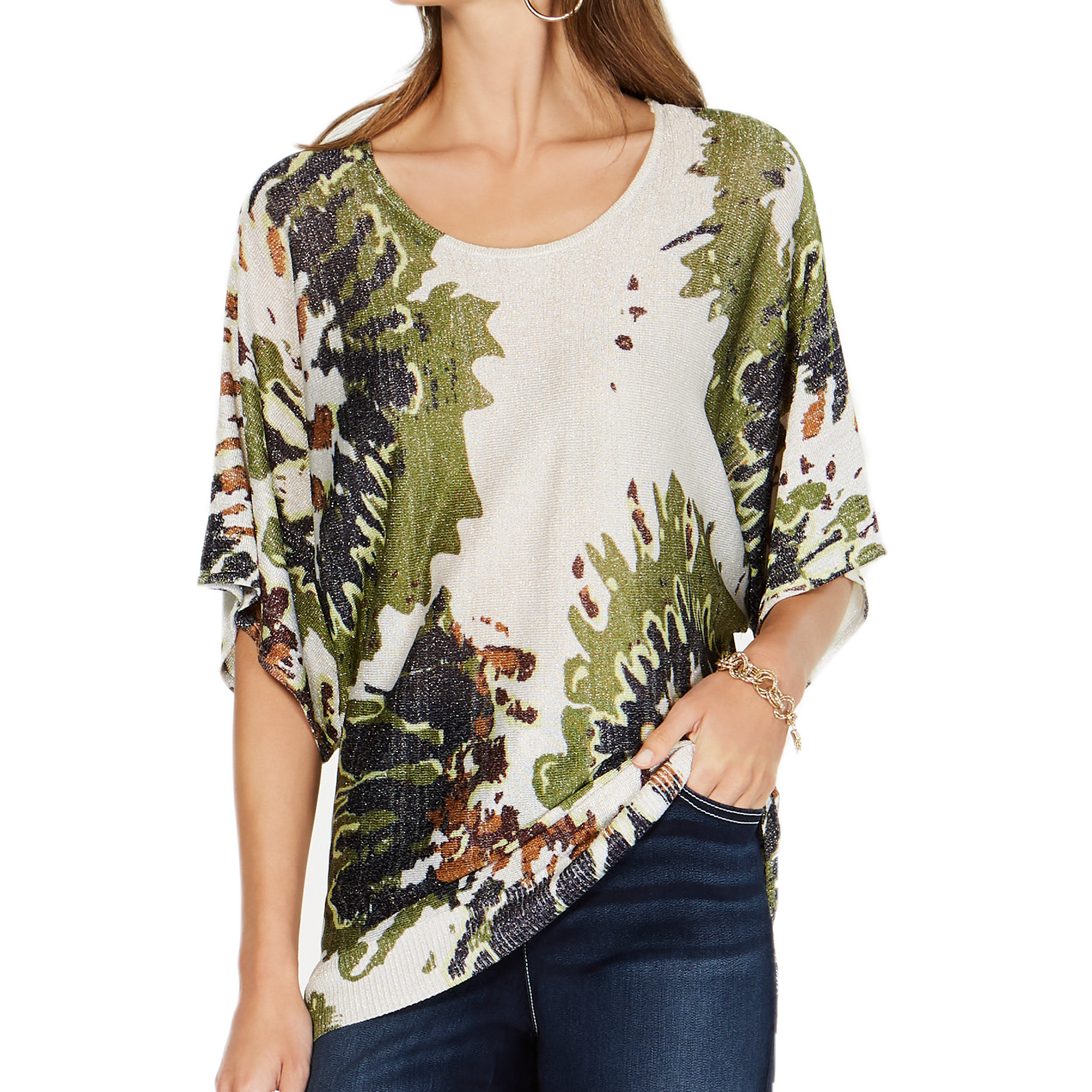 INC International Concepts Women Petite Tie Dyed Metallic Sweater Heather Sandune