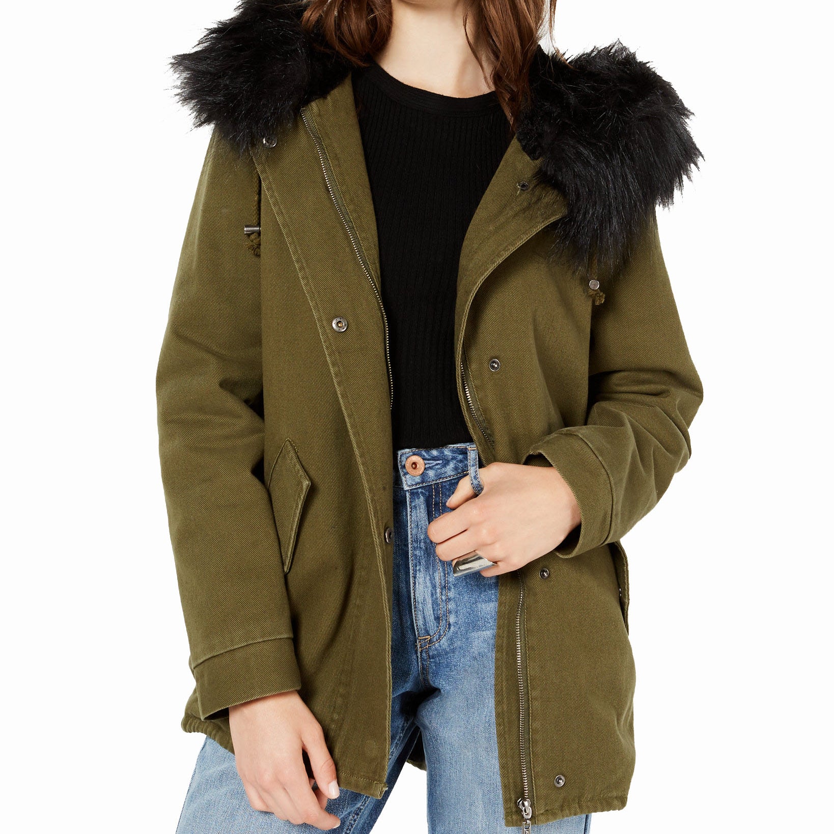 Jou Jou Juniors Leopard Print Faux Fur Trim Hooded Jacket Olive