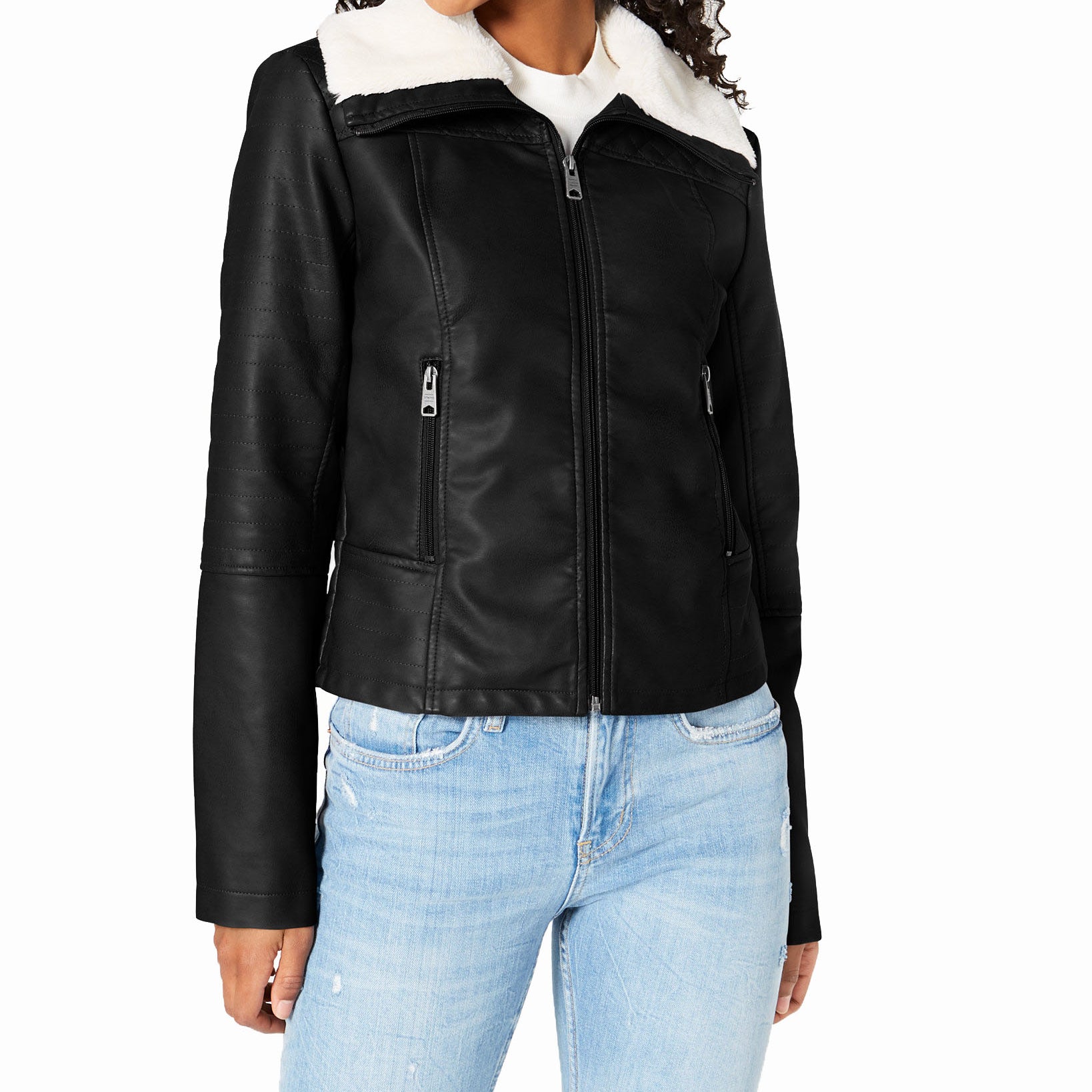 Coffee Shop Women Faux Fur Collar Moto Jacket Black