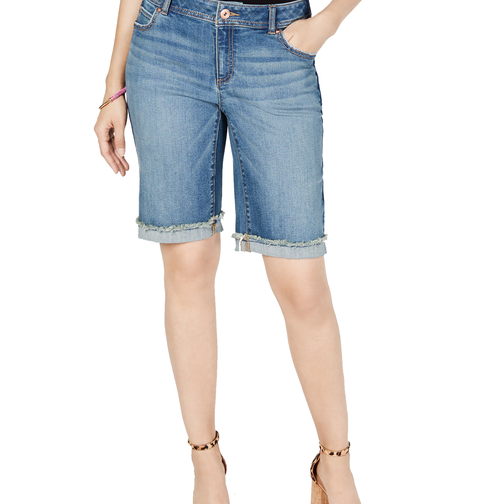 INC International Concepts Curvy Fit Contrast Trim Cuffed Denim Shorts
