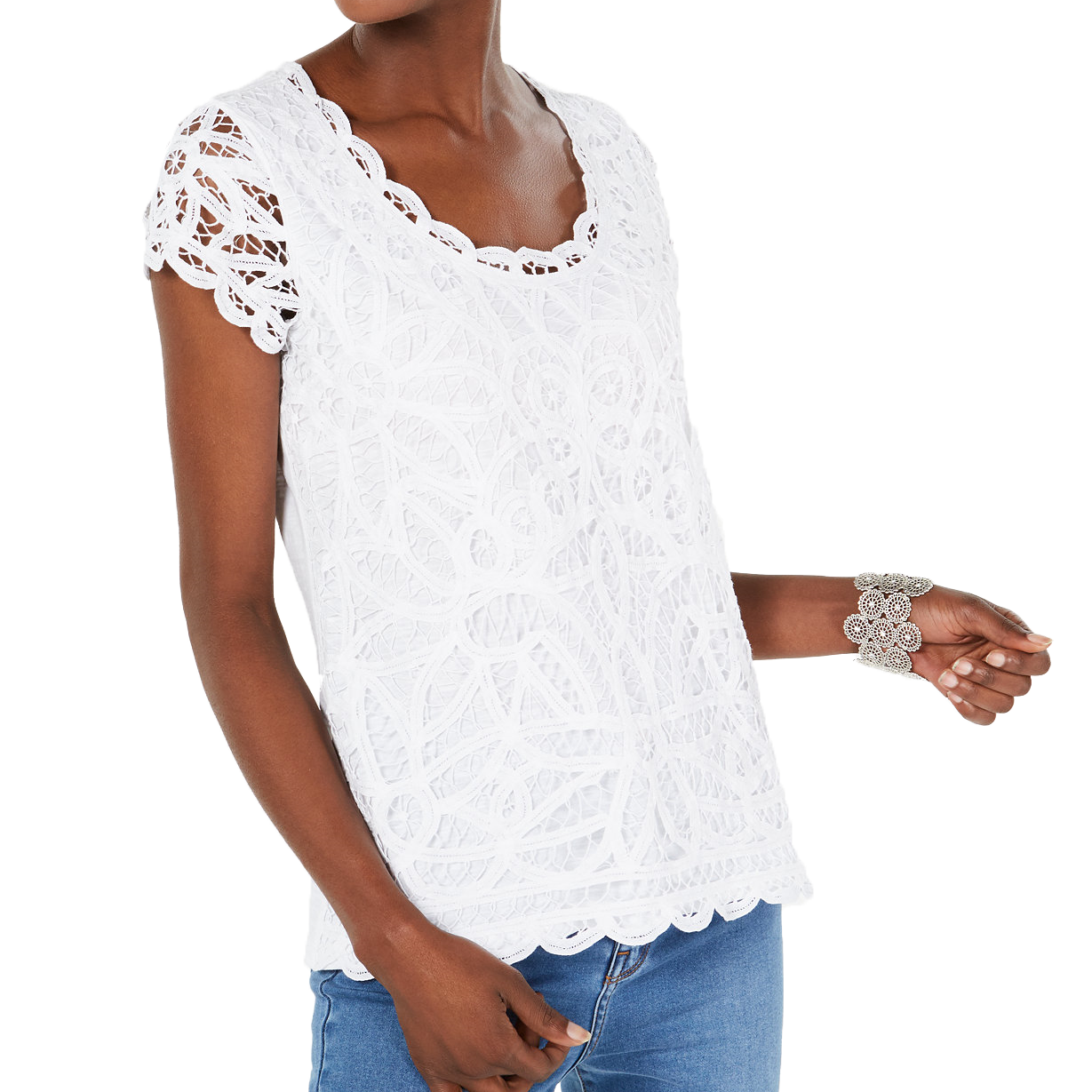 INC International Concepts Women Petite Cotton Lace Top Bright White