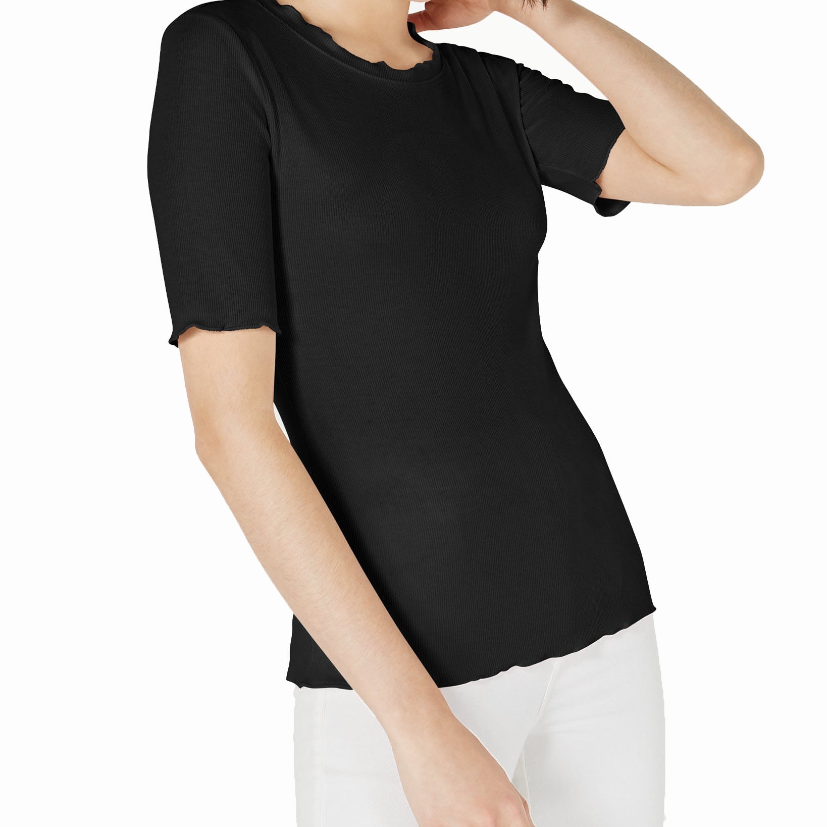 Maison Jules Women Crewneck Elbow Sleeve Top Deep Black
