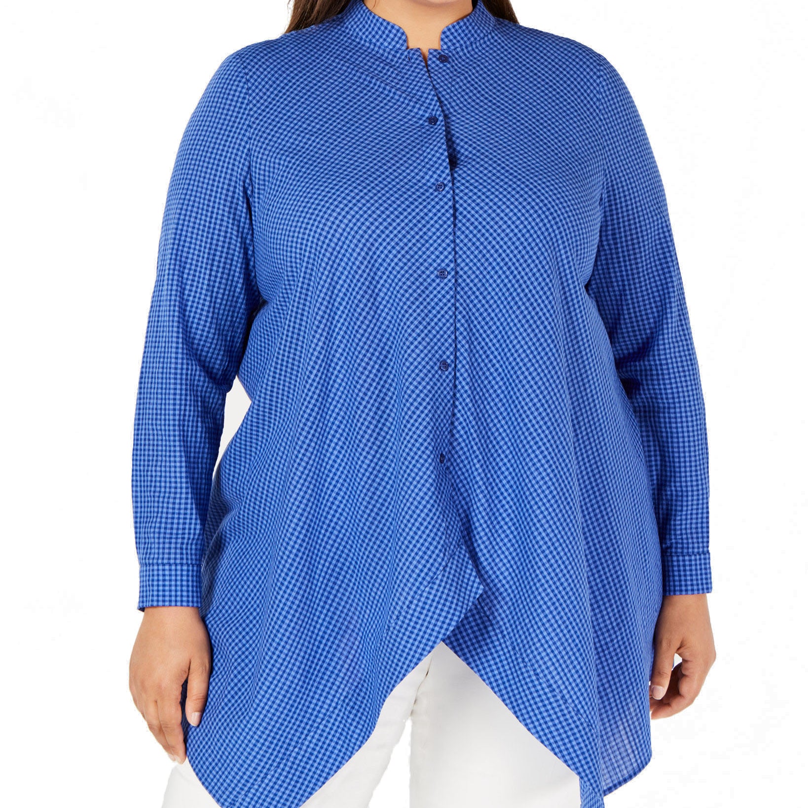 Anne Klein Women Plus Button Front Handkerchief Hem Cotton Top Cezanne Blue Combo