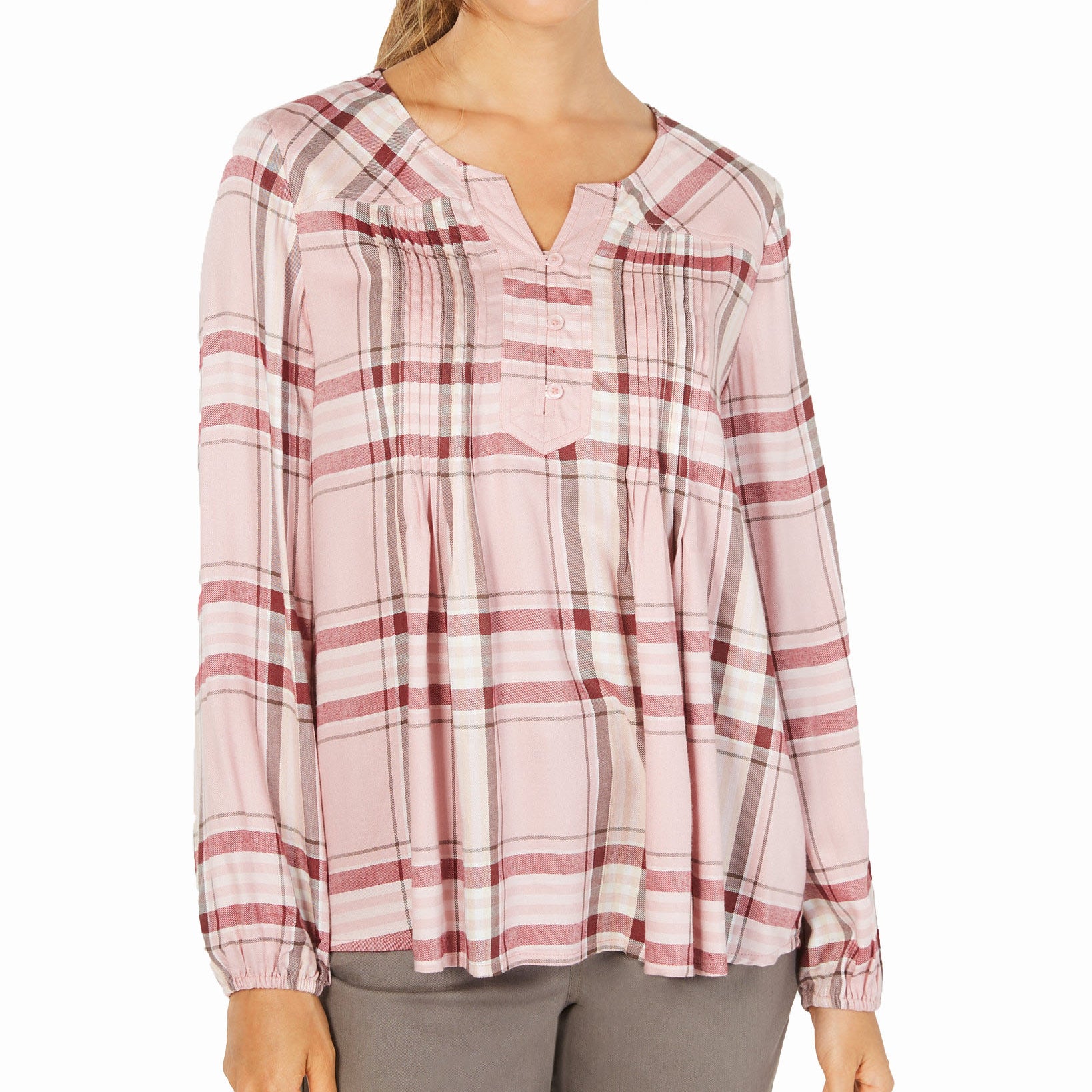 Style & Co Women Plaid Split Neck Top Cavern Plaid