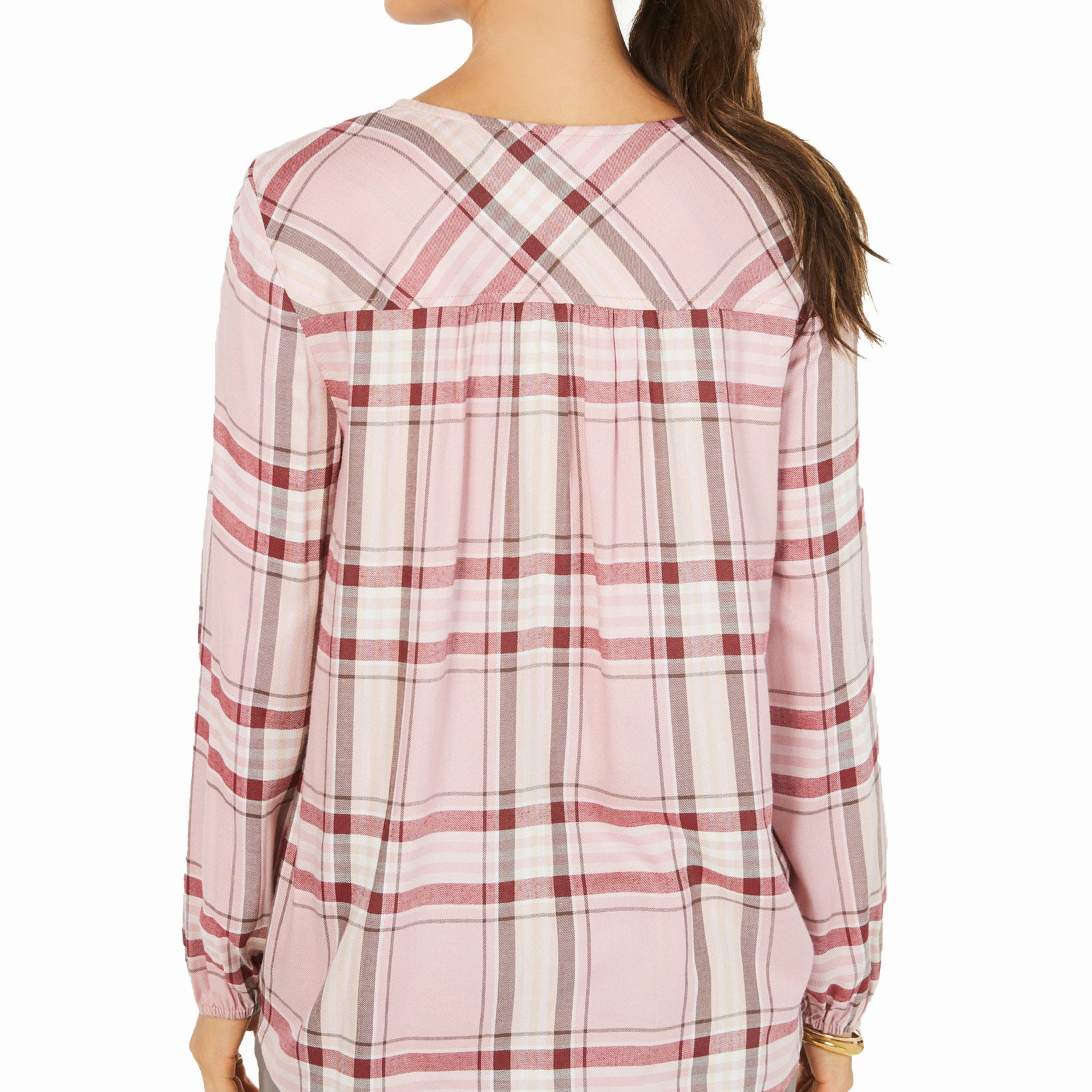 Style & Co Women Plaid Split Neck Top