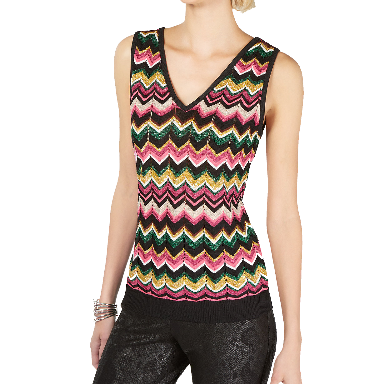 INC International Concepts Women Petite Chevron Knit Top Fiesta Fuchsia