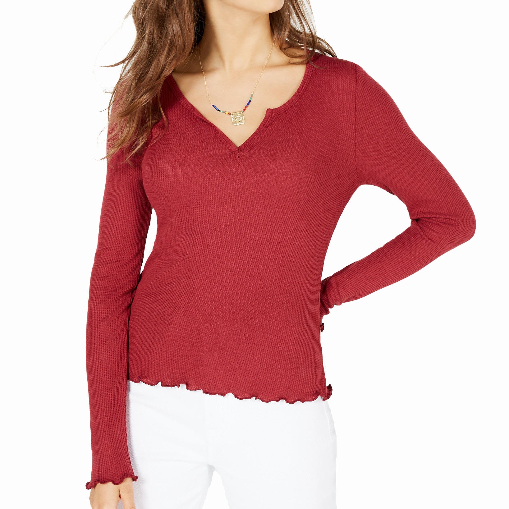 Hippie Rose Women Waffle Knit Lettuce Edge Top Autumn Ruby