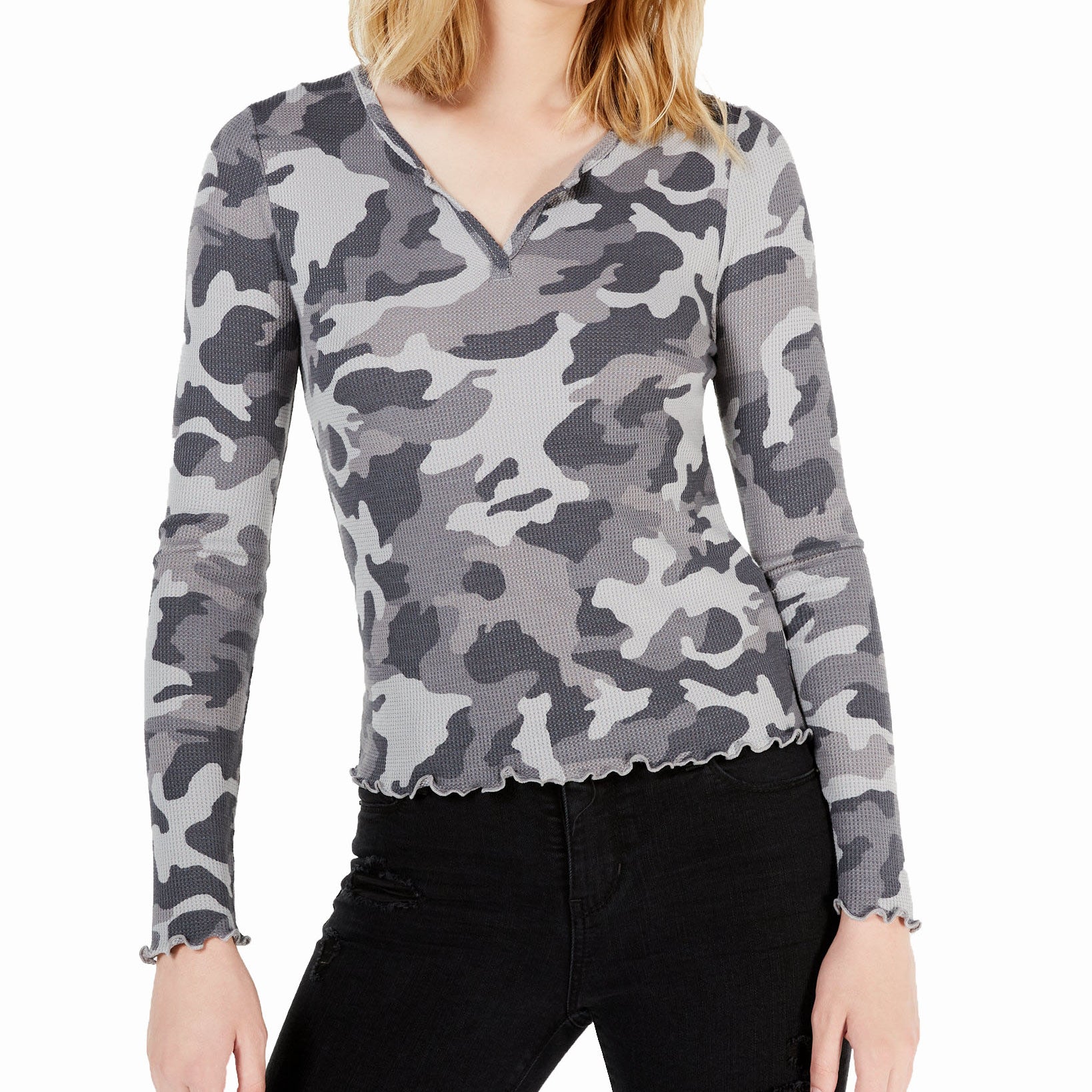 Hippie Rose Women Waffle Knit Lettuce Edge Top Grey Camo