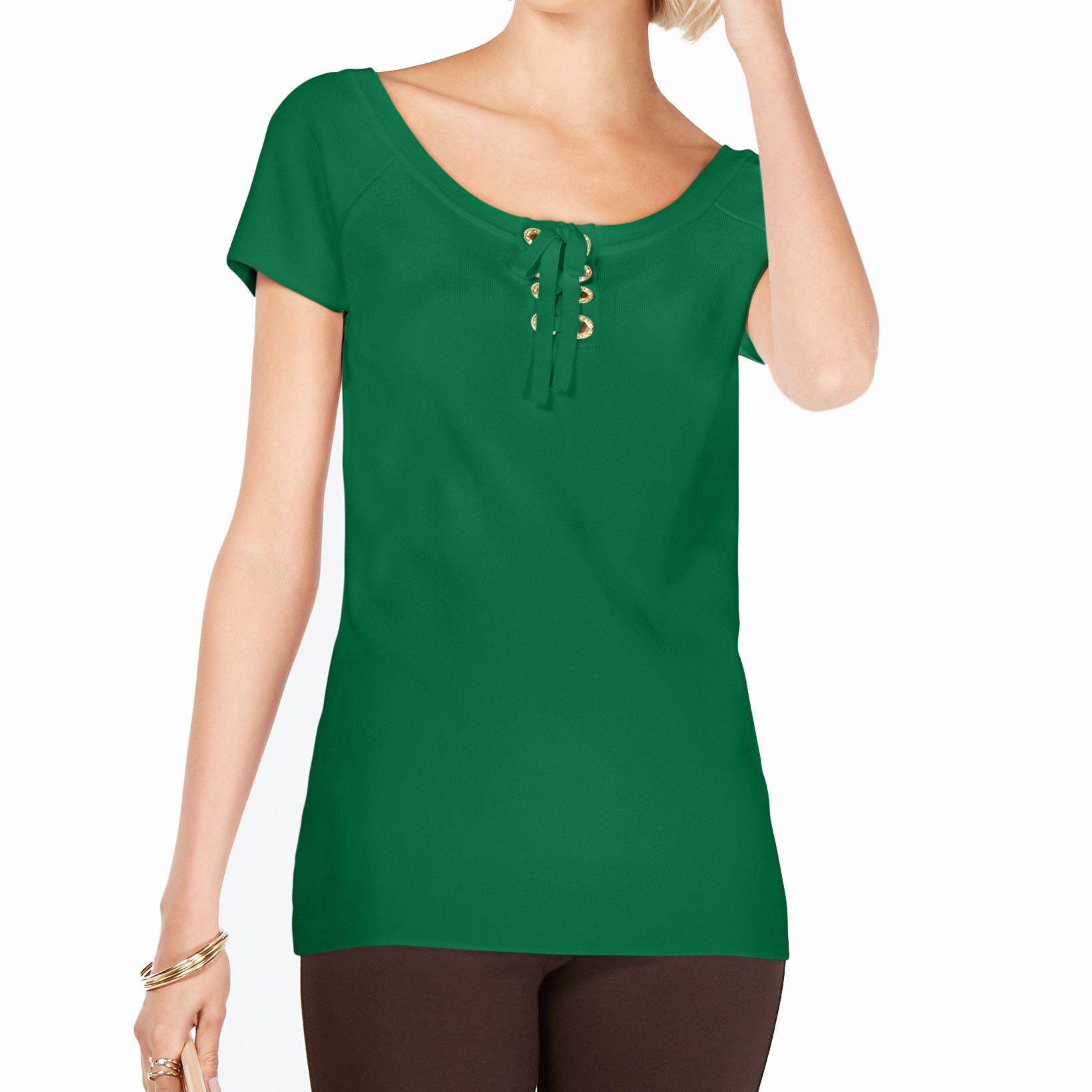INC International Concepts Women Petite Lace Up Scoop Neck Top Dark Emerald