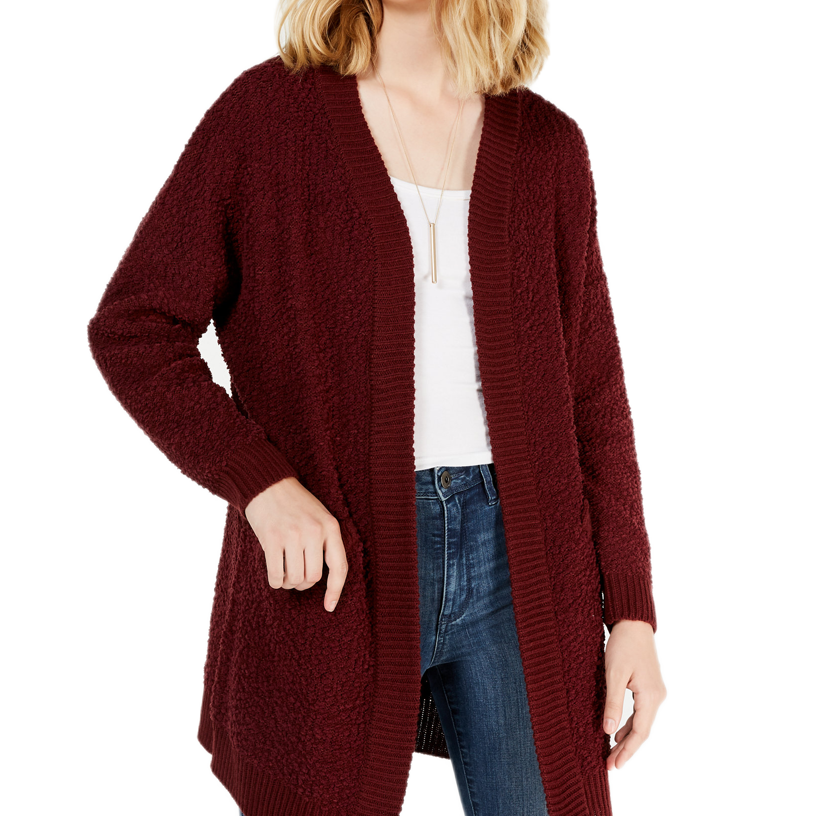 Say What Women Open Front Textured Cardigan Tawny Port