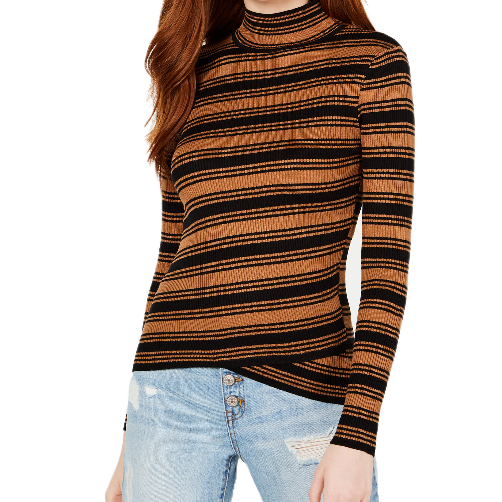Say What Women Striped Crossover Hem Mock Neck Sweater Tobacco Black Stripe