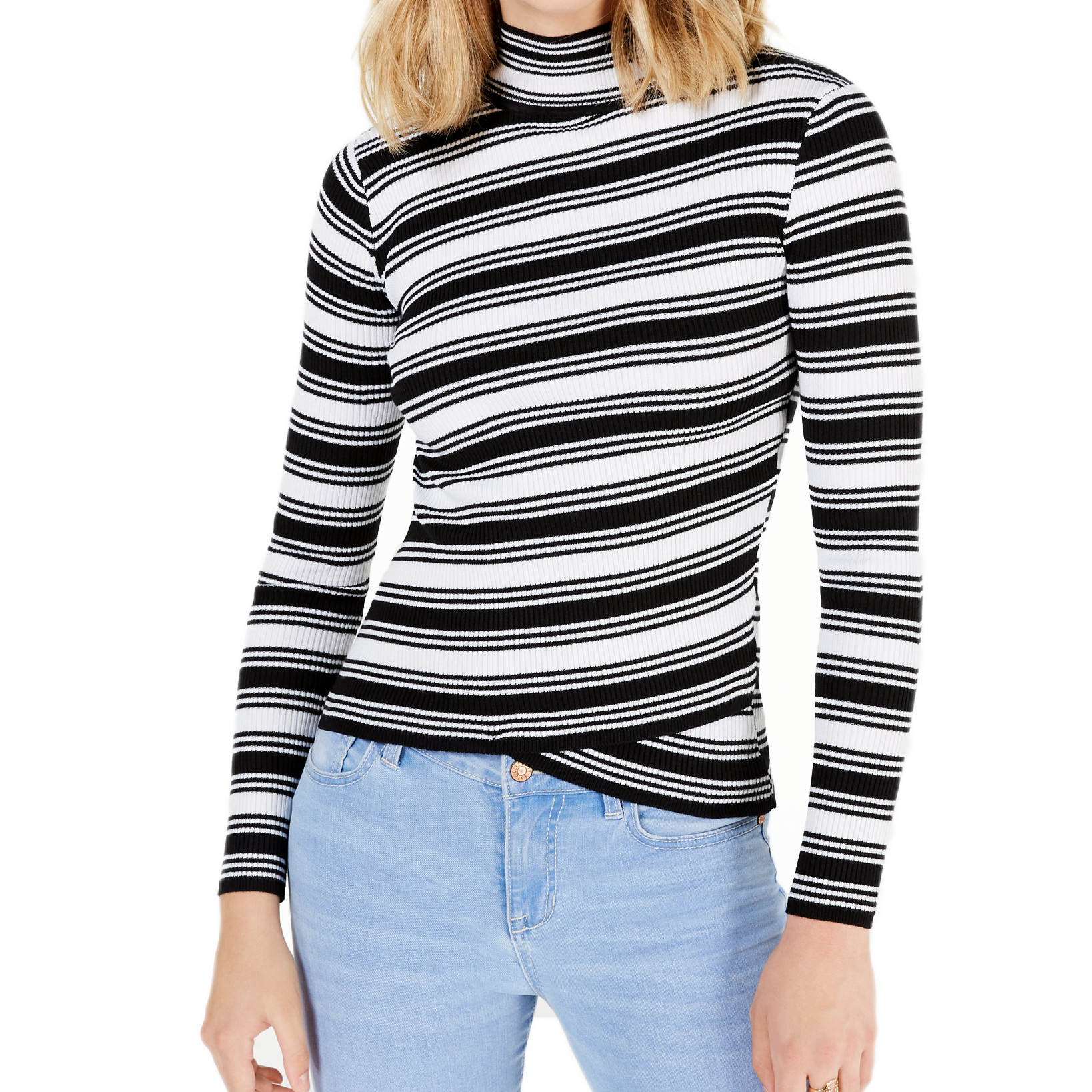 Say What Women Striped Crossover Hem Mock Neck Sweater White Black Stripe