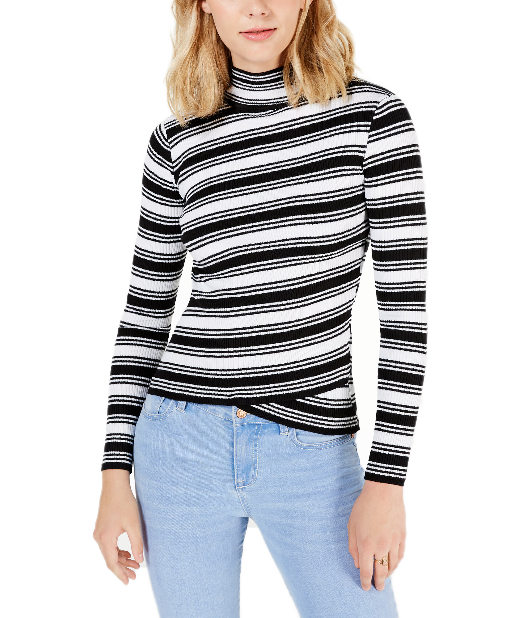 Say What Women Striped Crossover Hem Mock Neck Sweater White Black Stripe