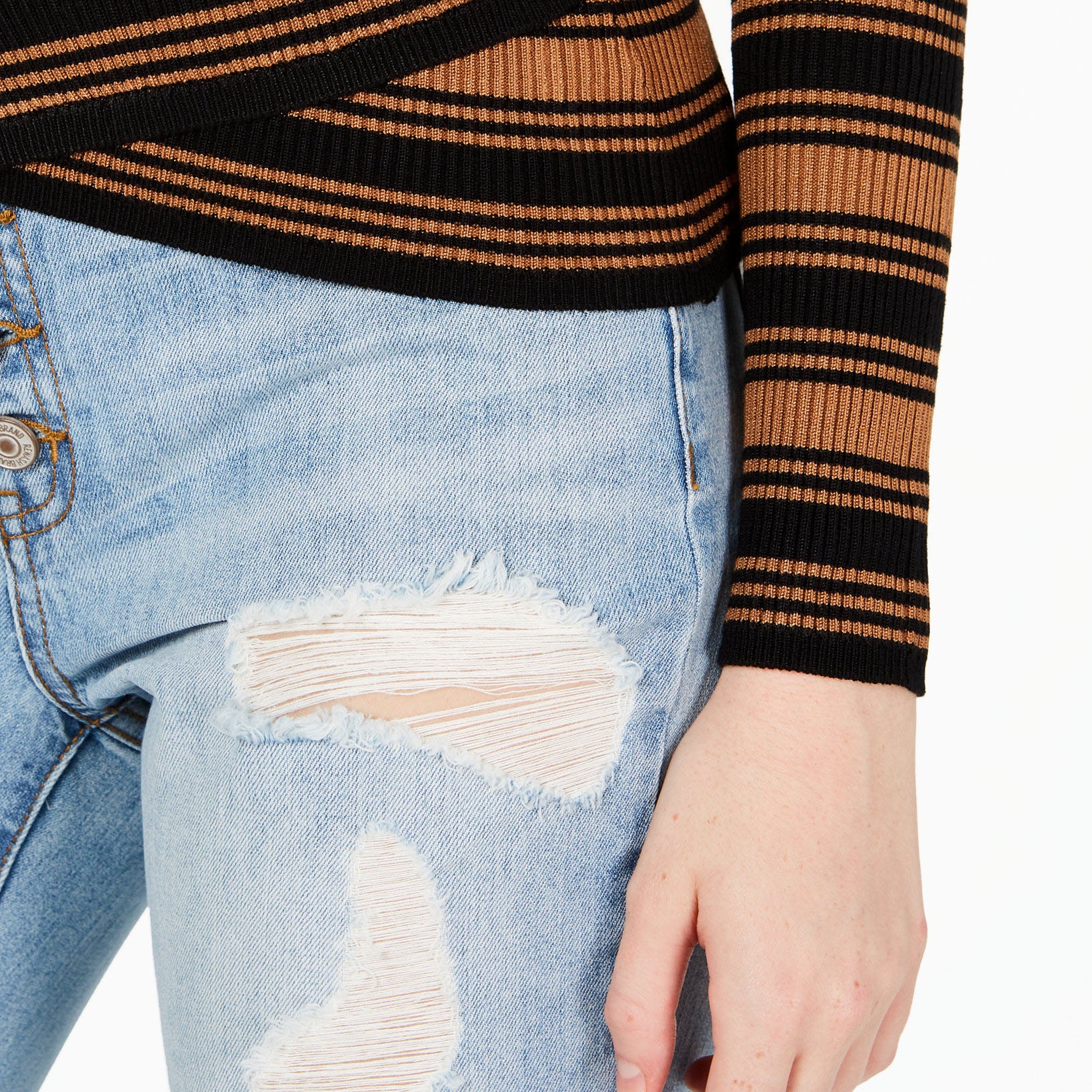 Say What Women Striped Crossover Hem Mock Neck Sweater