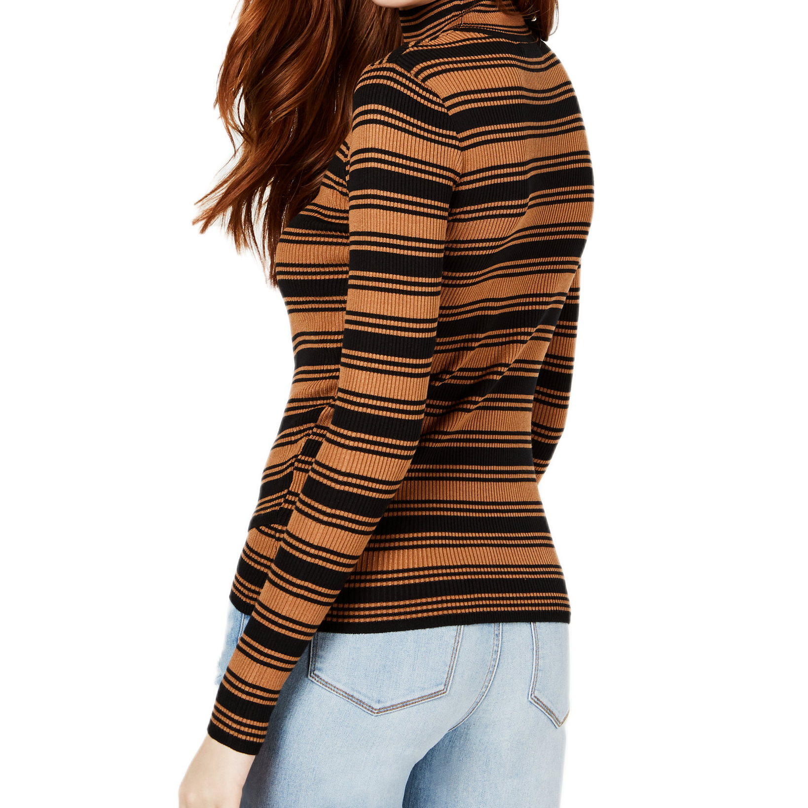 Say What Women Striped Crossover Hem Mock Neck Sweater