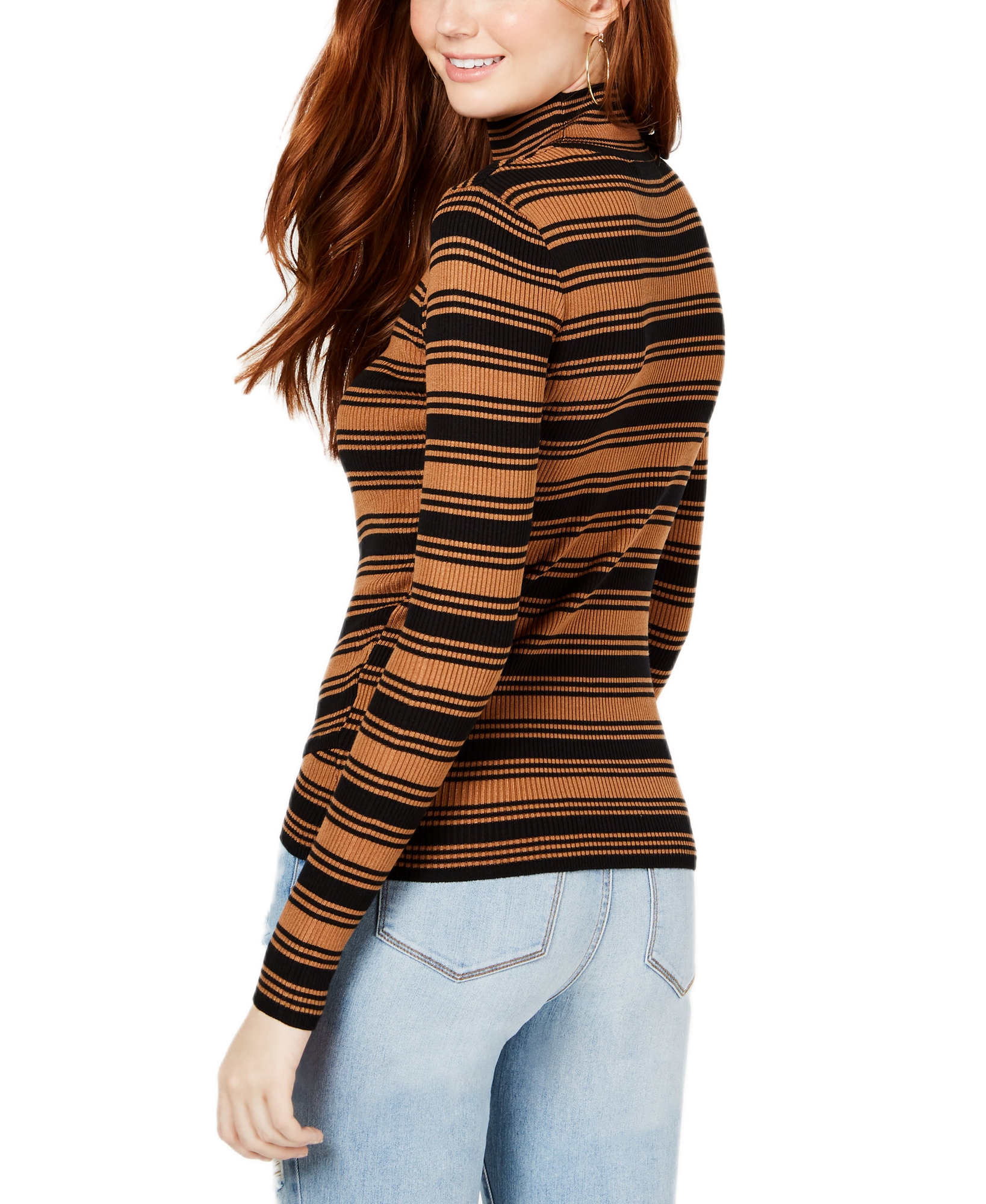 Say What Women Striped Crossover Hem Mock Neck Sweater