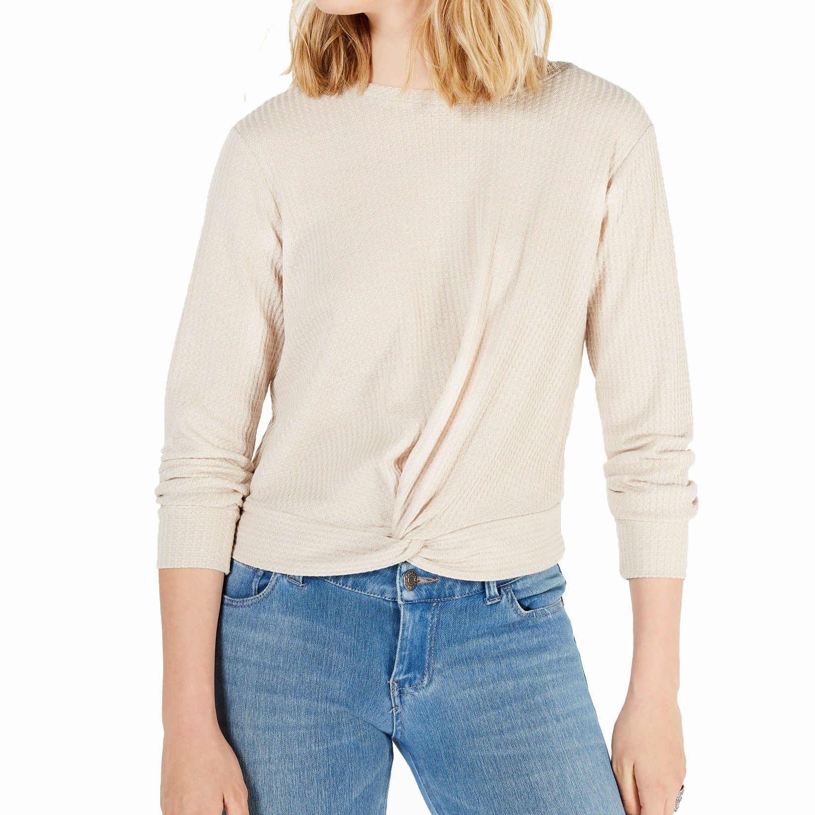 Gypsies & Moondust Women Twist Front Waffle Knit Top Oatmeal