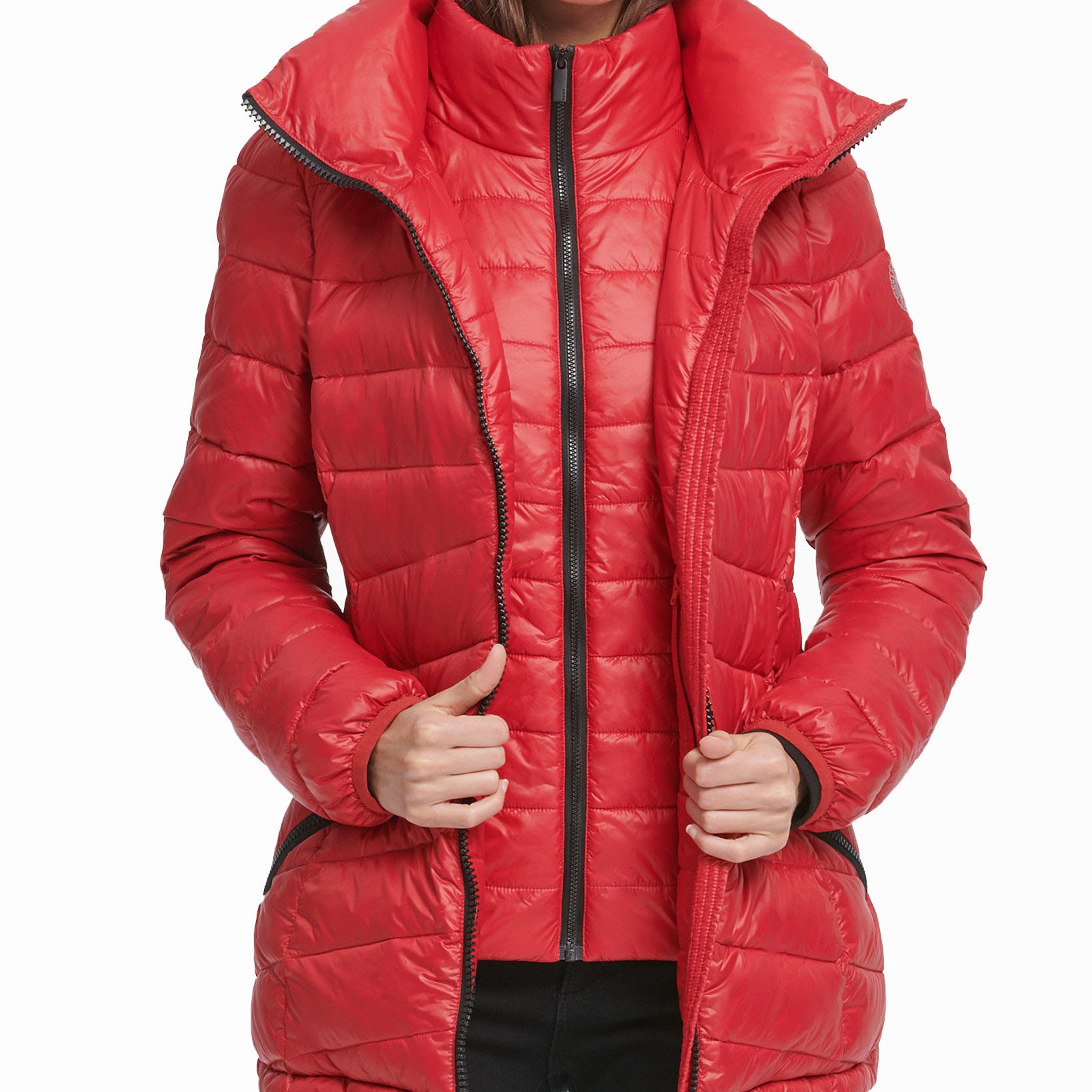 DKNY Women Hooded Packable Down Puffer Coat Fire Red