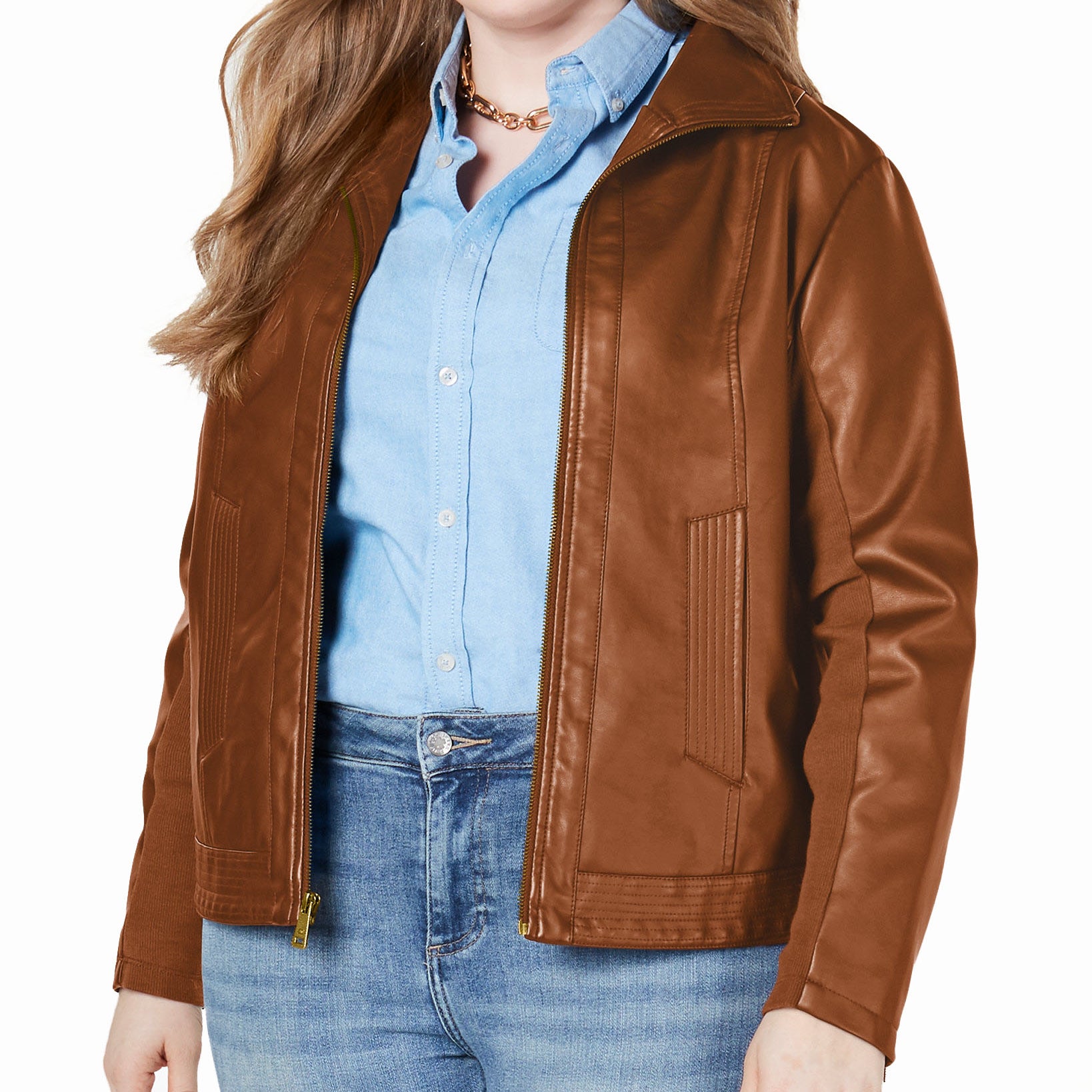 Kenneth Cole Women Plus Faux Leather Jacket Caramel