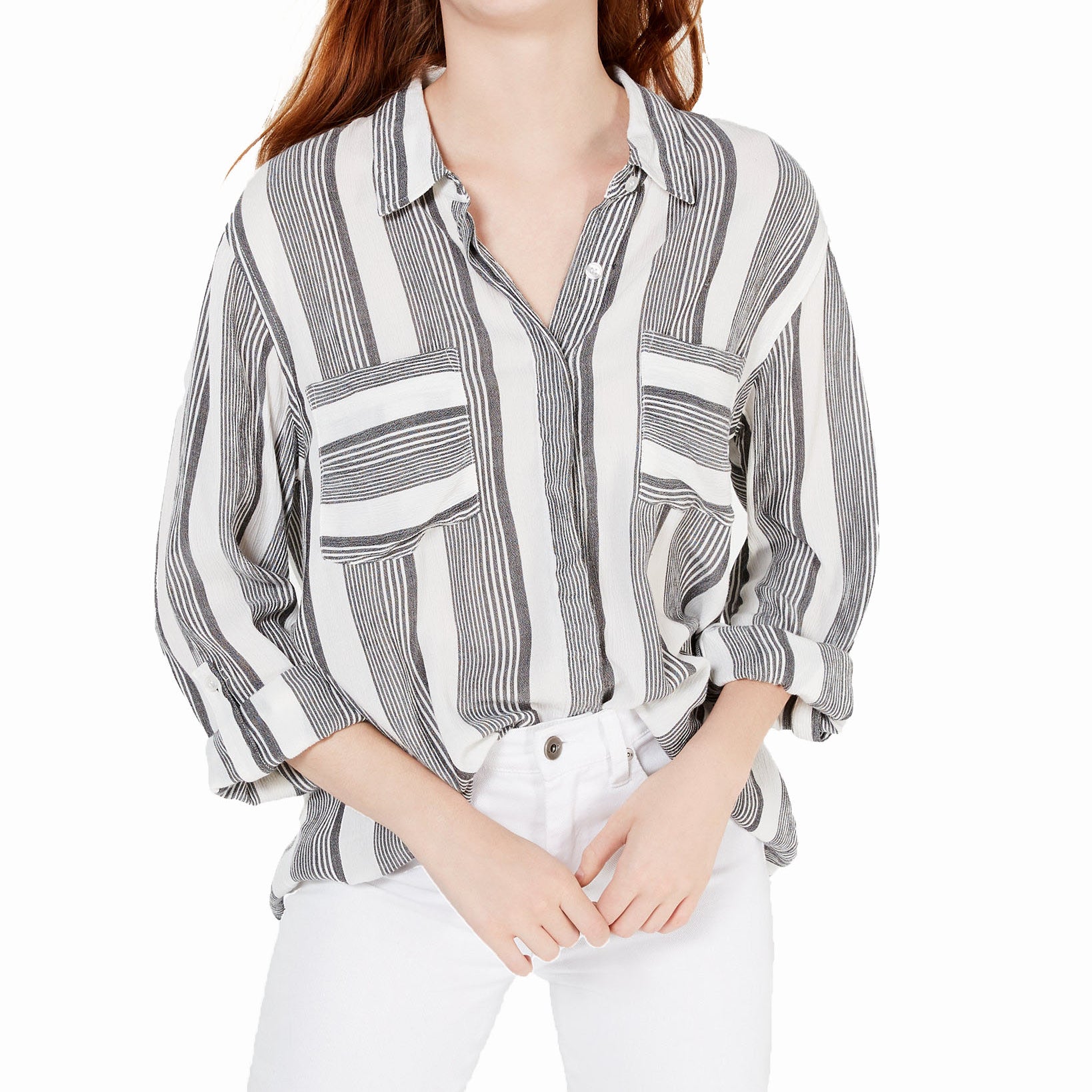 Hippie Rose Women Printed Utility Shirt Black White Stripe