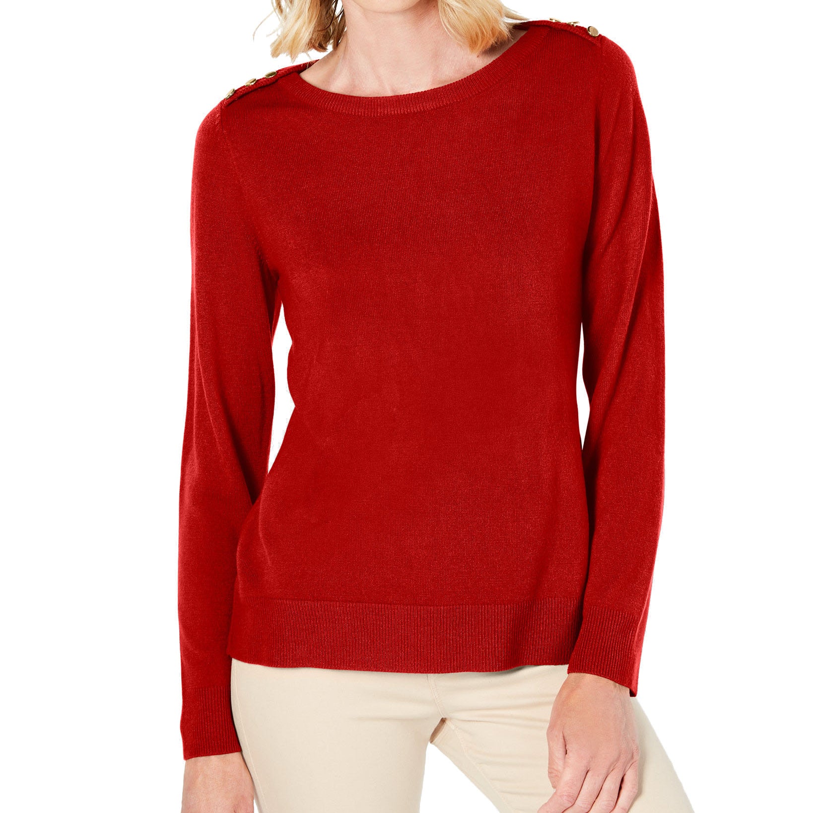 Karen Scott Women Petite Button Shoulder Sweater Red Cherry