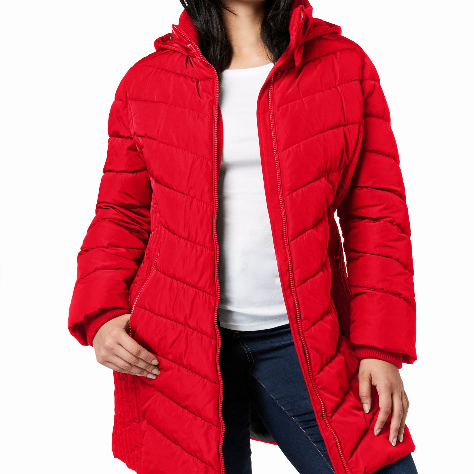 Tommy Hilfiger Women Plus Faux Fur Trim Hooded Puffer Coat Crimson