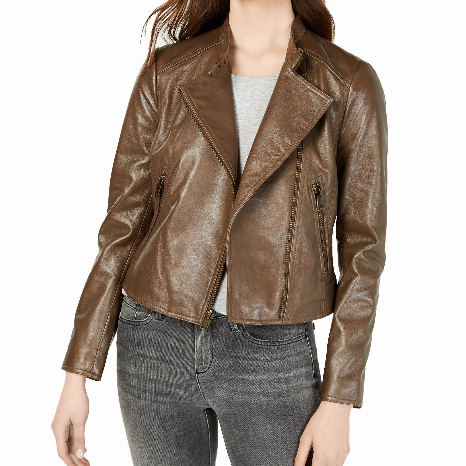Marc New York Women Cropped Leather Moto Jacket Taupe