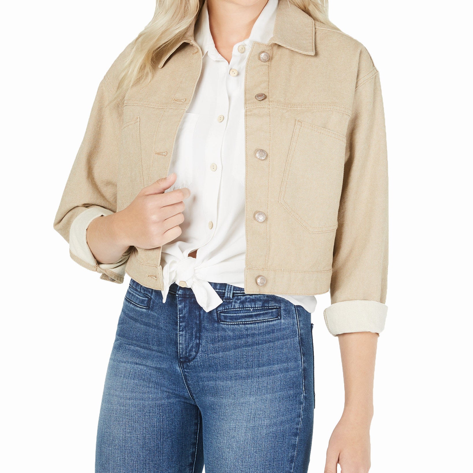 OAT Women Cotton Cropped Button Front Jacket Tan