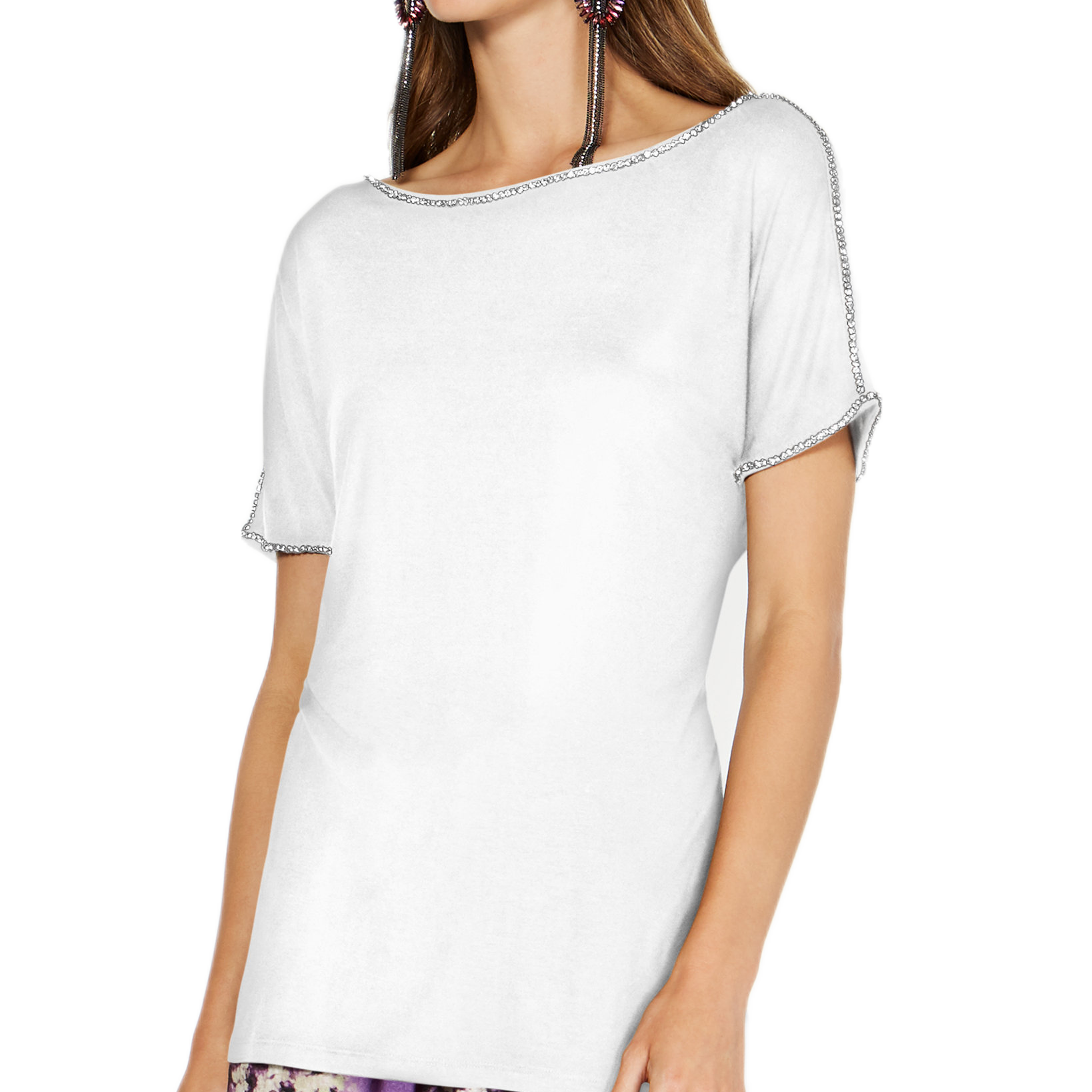 INC International Concepts Women Short Sleeve Jewel Embellished Top Bright White