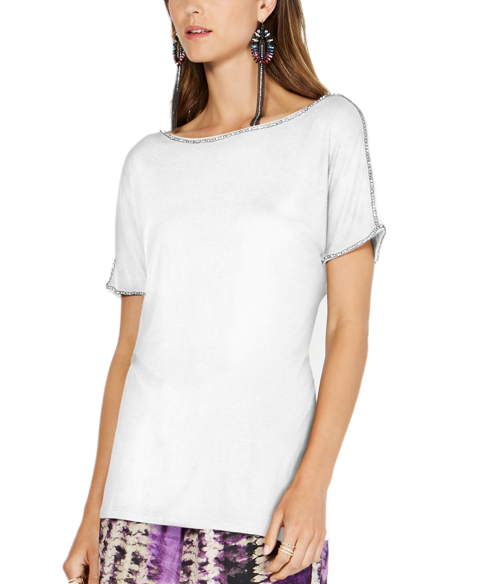 INC International Concepts Women Short Sleeve Jewel Embellished Top Bright White