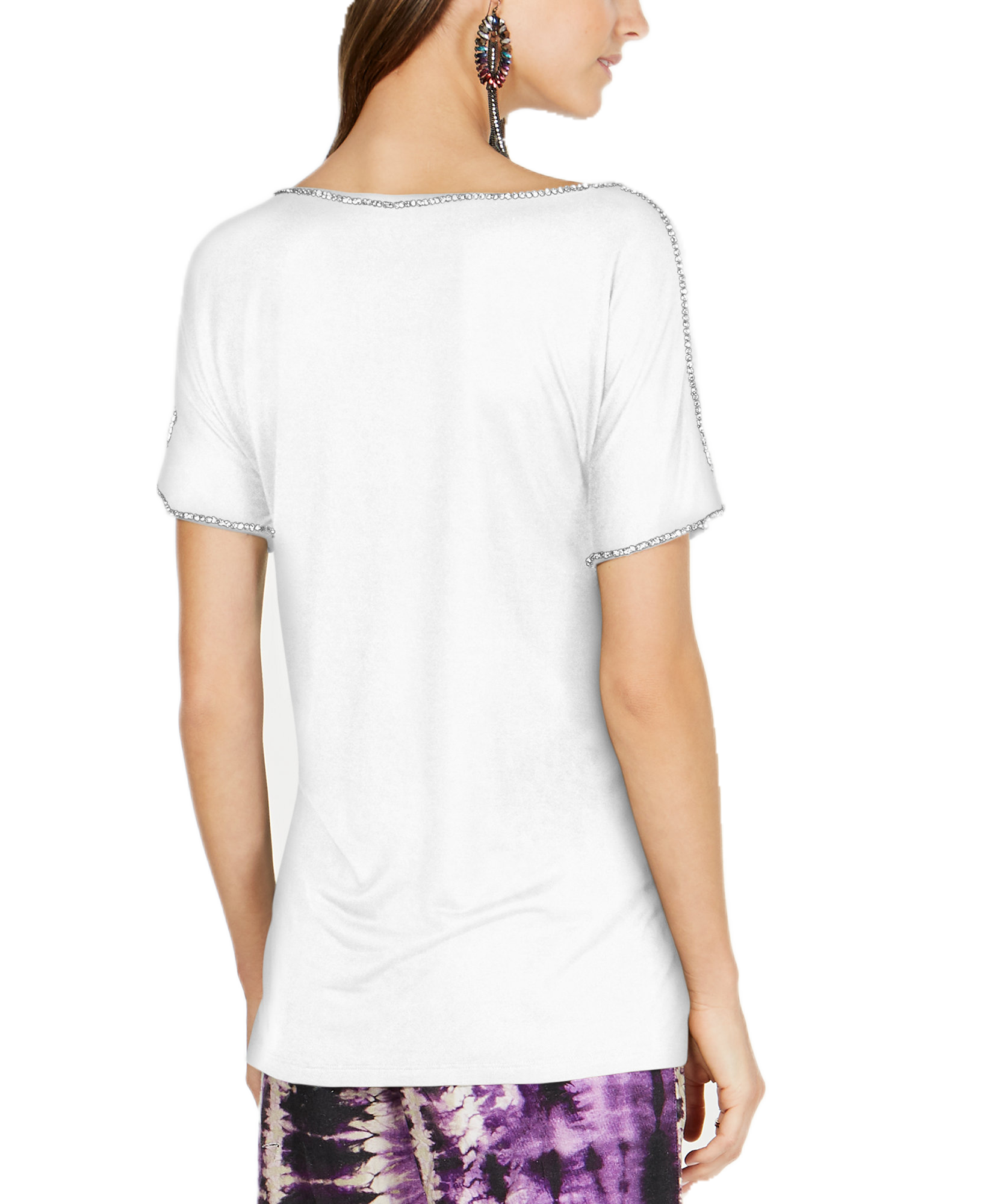 INC International Concepts Women Short Sleeve Jewel Embellished Top