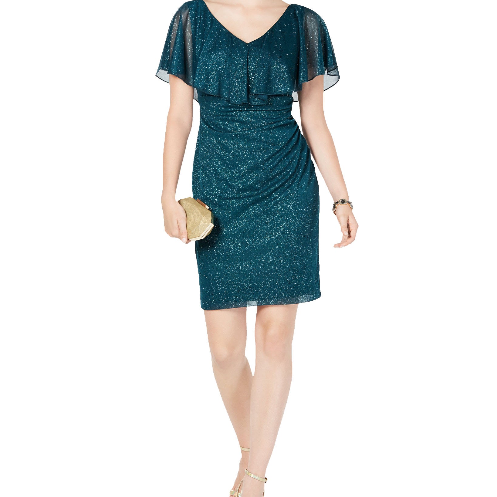 Connected Women Petite Metallic Glitter Popover Dress Hunter Green