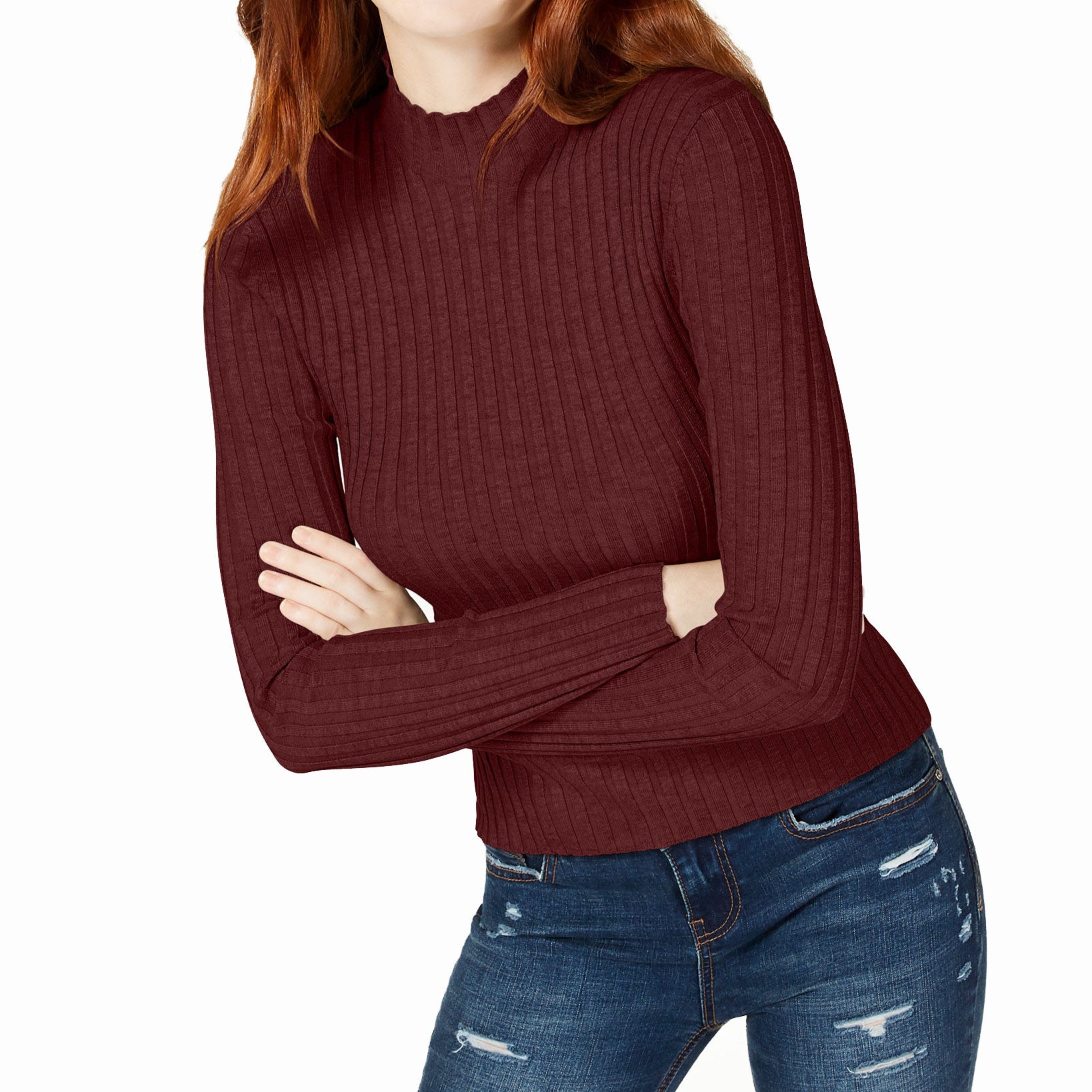 Hooked Up by IOT Women Rib Knit Mock Turtleneck Sweater Burgundy