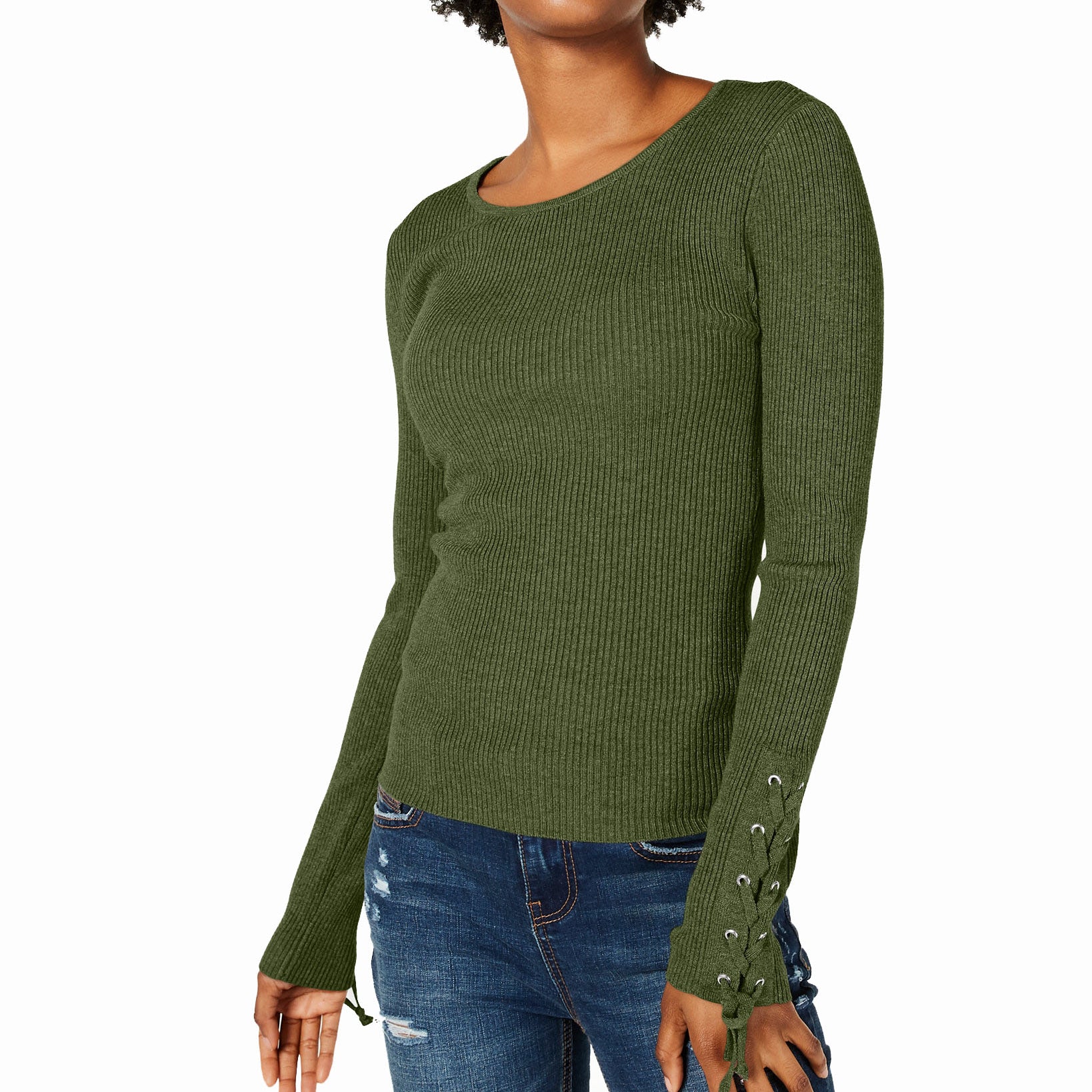Hooked Up by IOT Women Lace Up Rib Knit Sweater Loden Bark