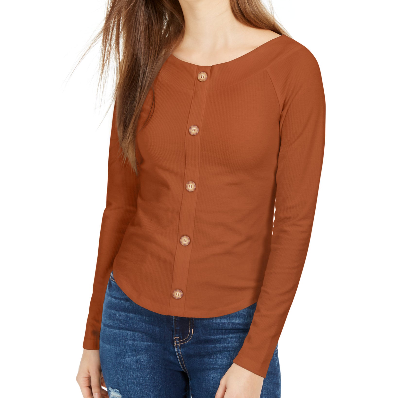 Self Esteem Women Boat Neck Ribbed Top Rust