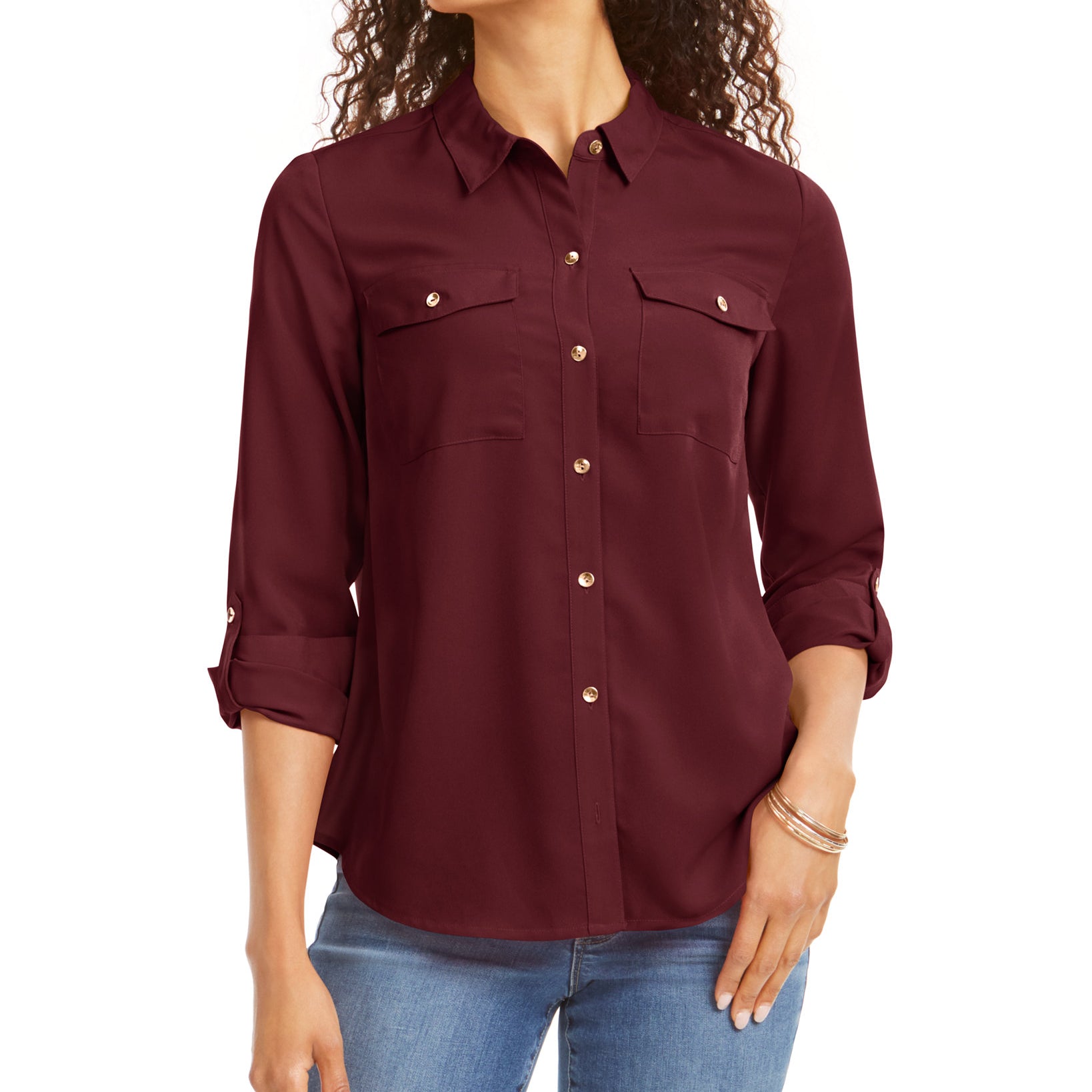 Charter Club Women Petite Solid Button Up Shirt Carriage Red