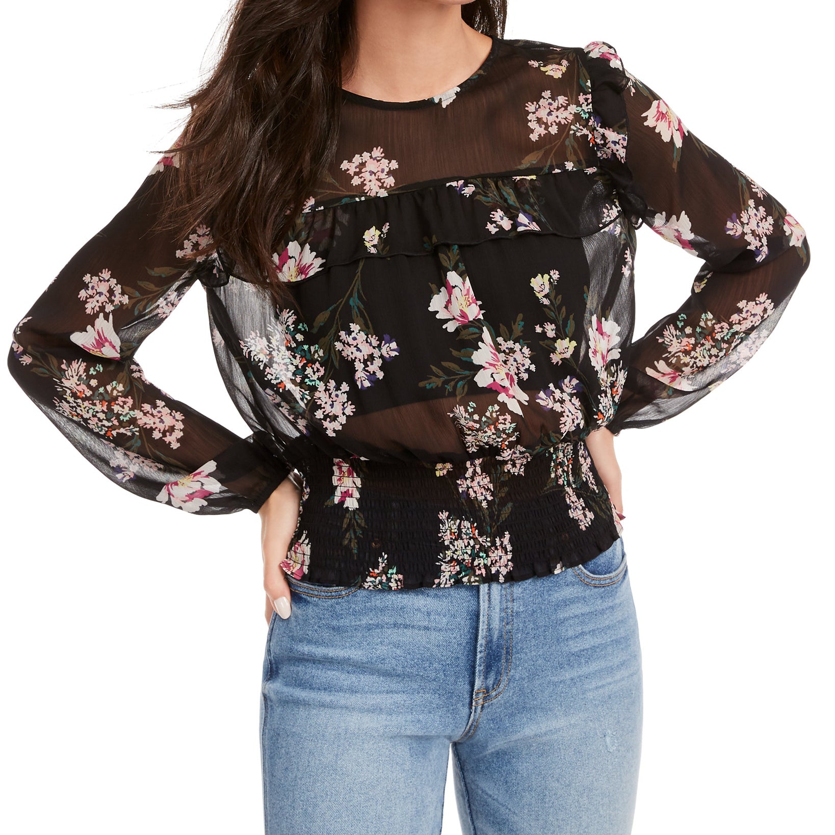 Love, Fire Women Printed Smocked Top Black Floral