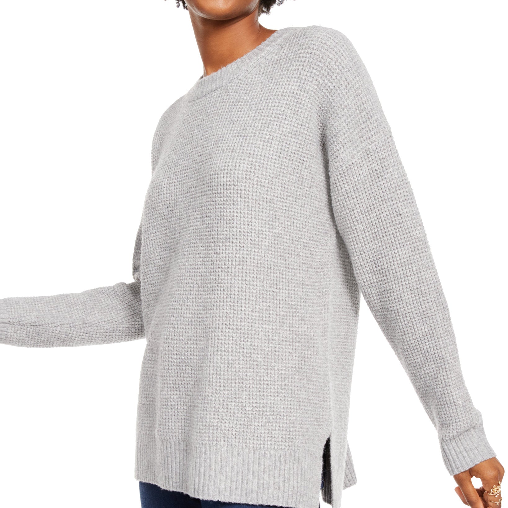 Hippie Rose Women Colorblocked Thermal Knit Sweater Light Heather Grey