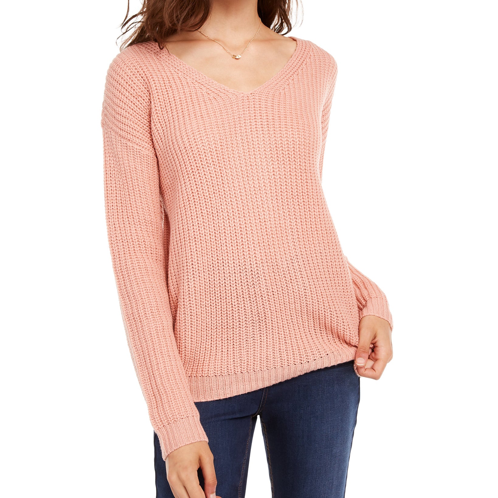 Ultra Flirt Women Lace Up Back Sweater Peach Beige