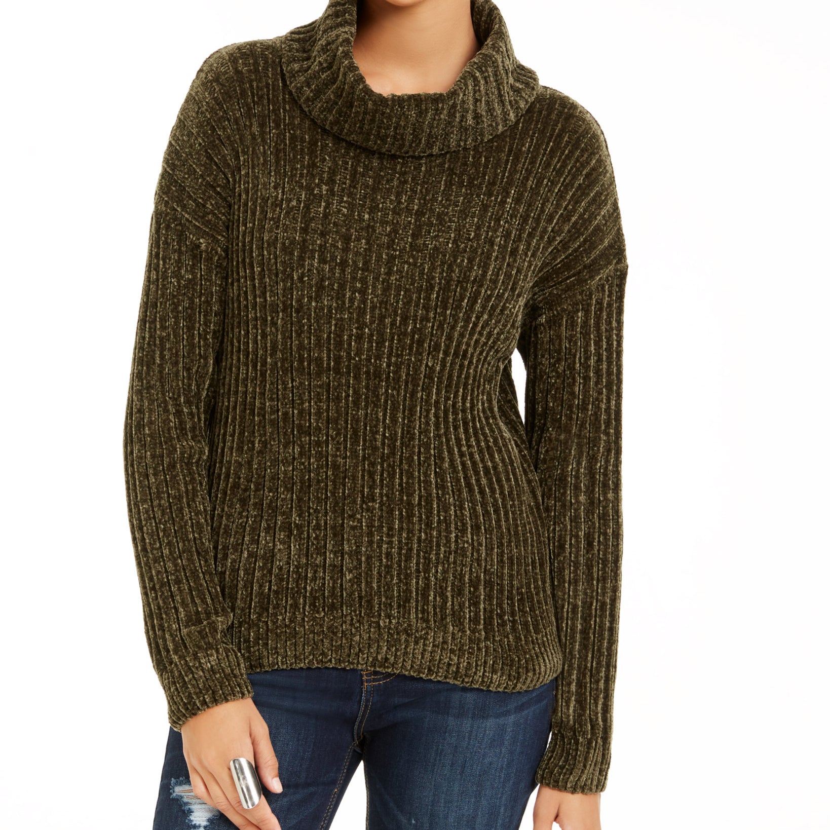 Hippie Rose Women Chenille Turtleneck Sweater Artic Olive