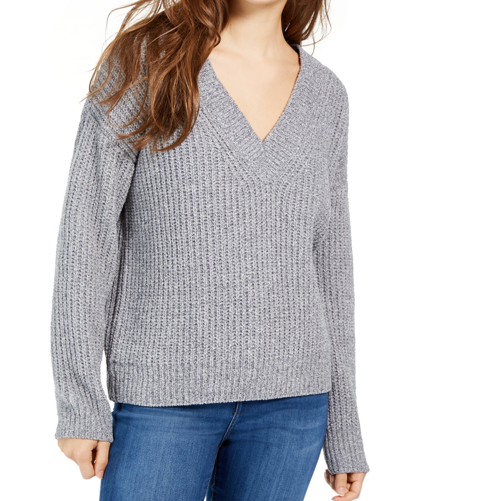 Hippie Rose Women V Neck Chenille Sweater Black Marl