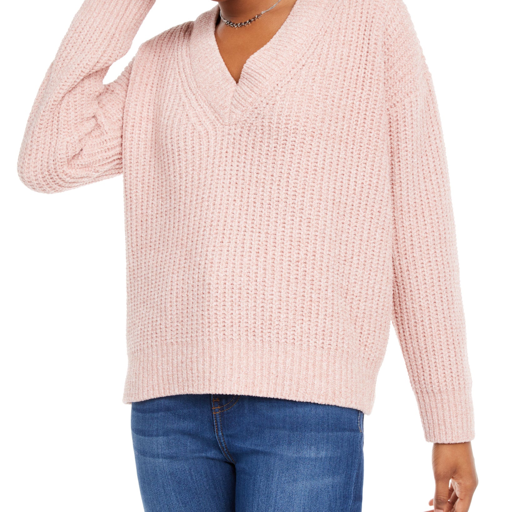 Hippie Rose Women V Neck Chenille Sweater Dusty Rose Marl