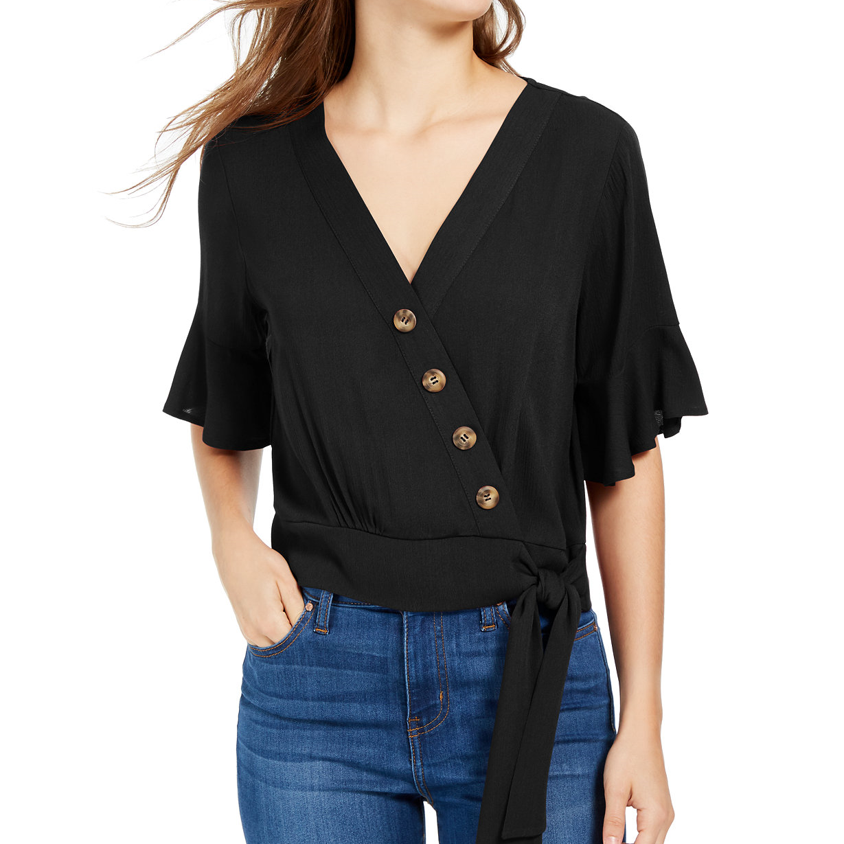 Gypsies & Moondust Women Faux Wrap Bell Sleeve Top Black
