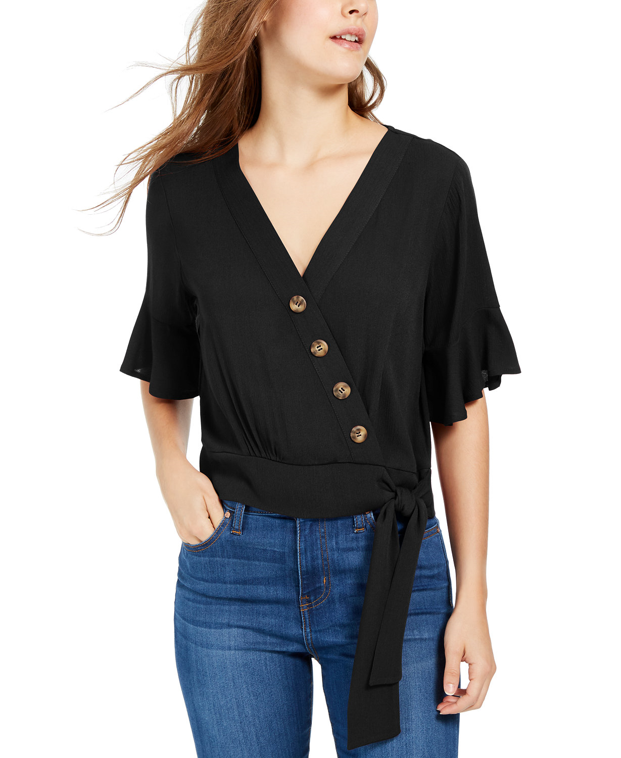 Gypsies & Moondust Women Faux Wrap Bell Sleeve Top Black