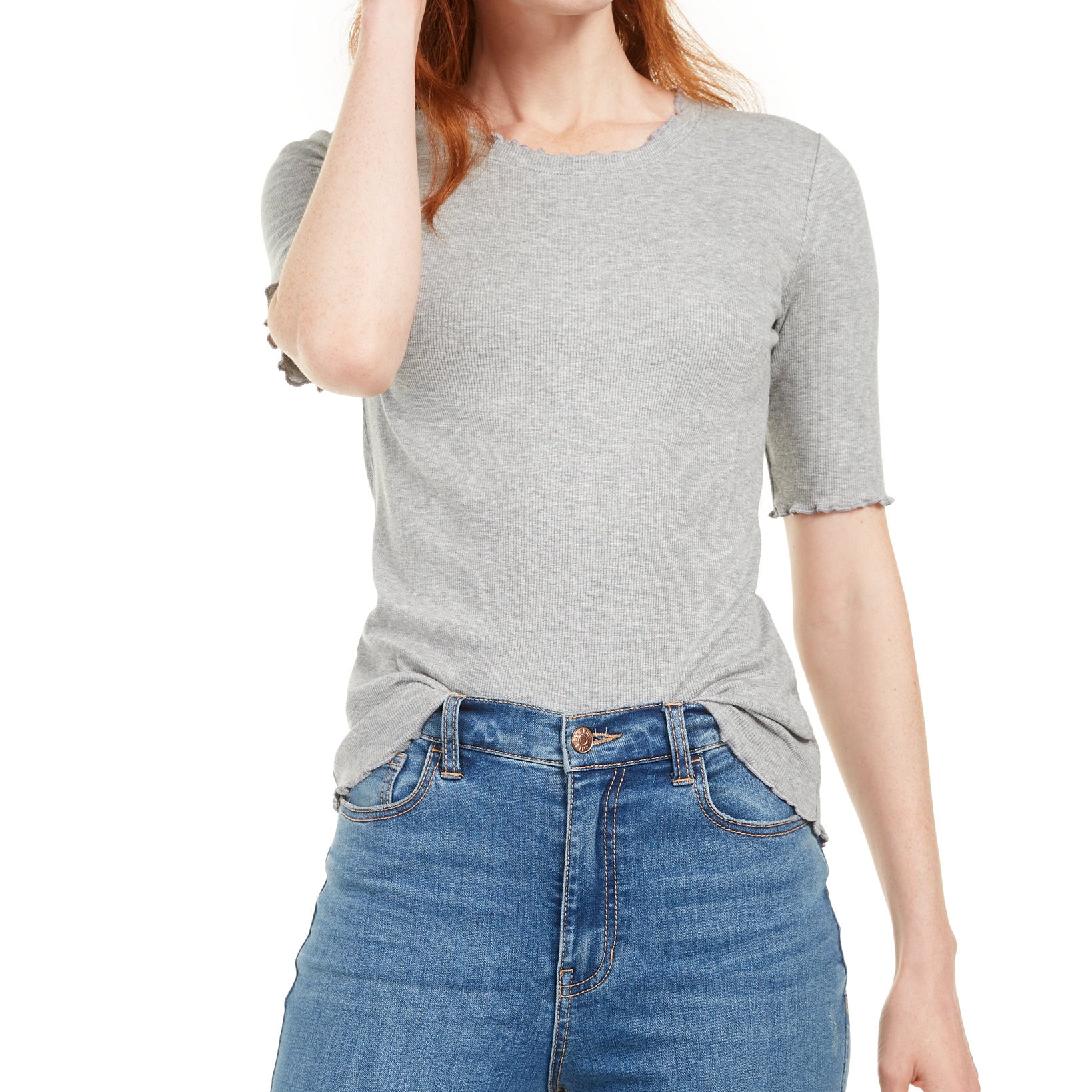 Maison Jules Women Crewneck Elbow Sleeve Top Soft Grey Heather