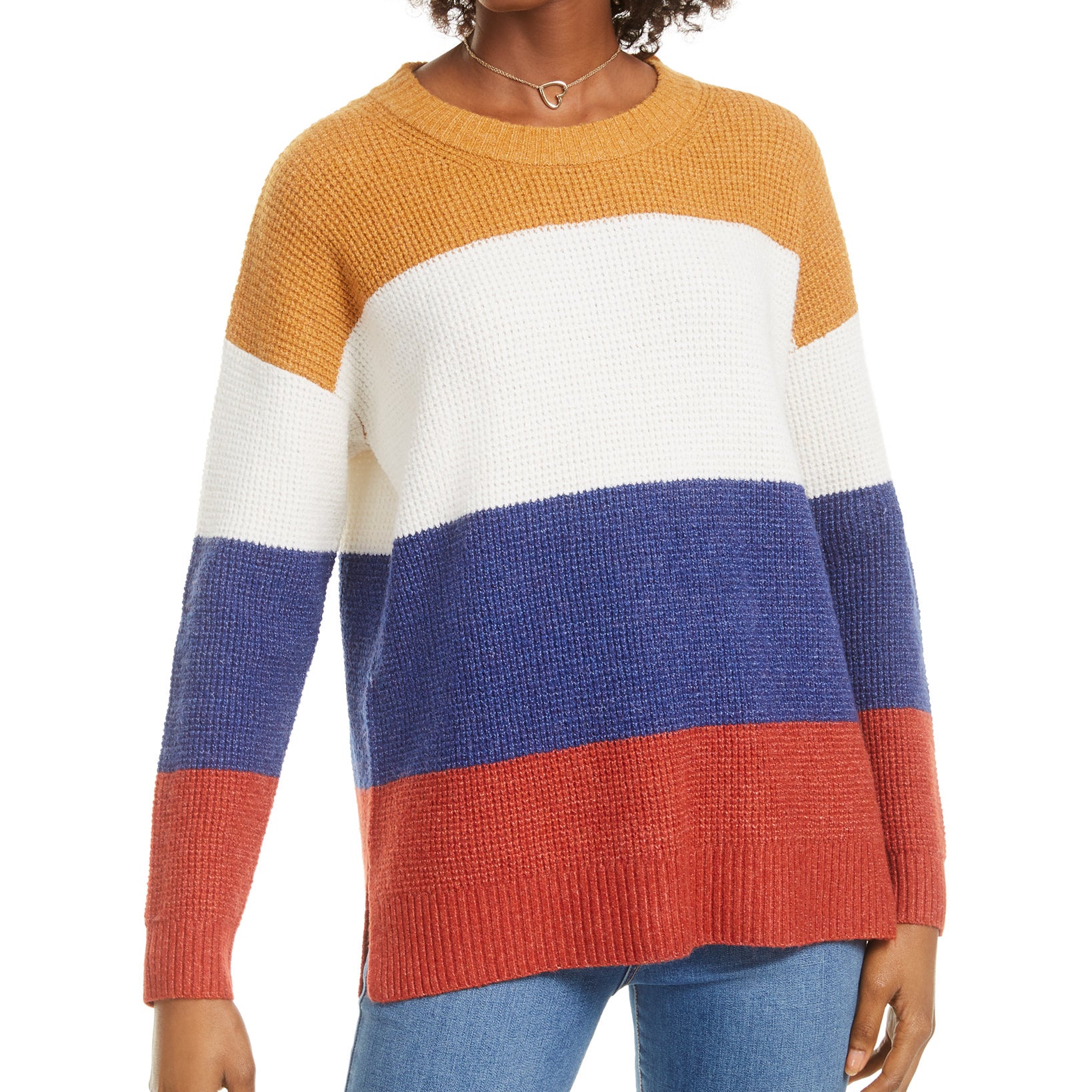 Hippie Rose Women Colorblocked Thermal Knit Sweater Golden Combo