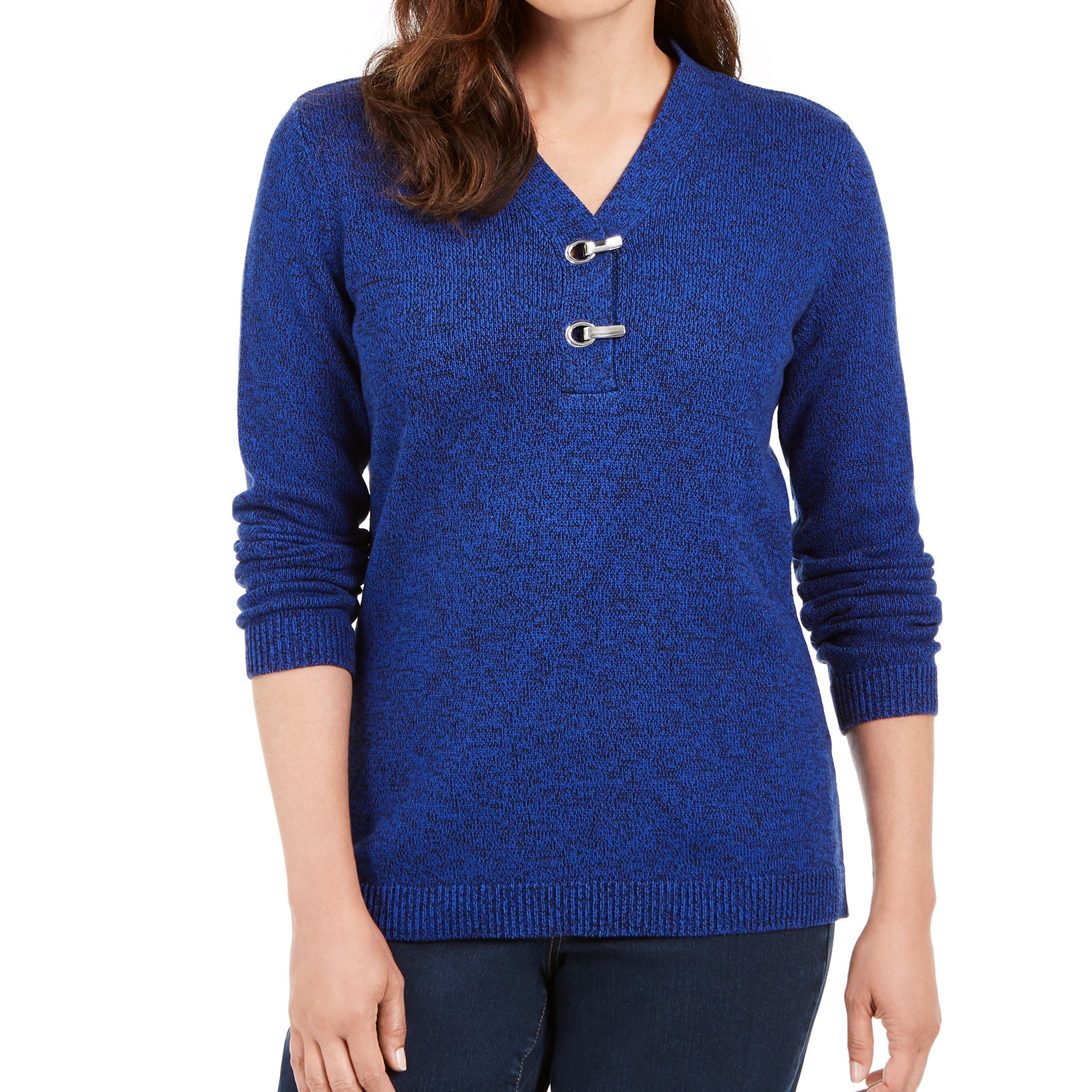 Karen Scott Women Petite Hardware Trim Cotton Henley Sweater Midnight Marl