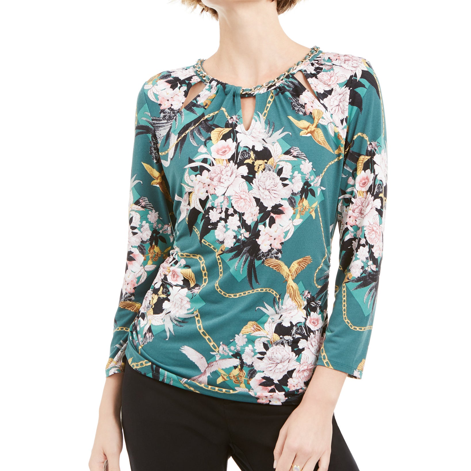 JM Collection Women Petite Printed Chain Neck Top Green Floral Noir